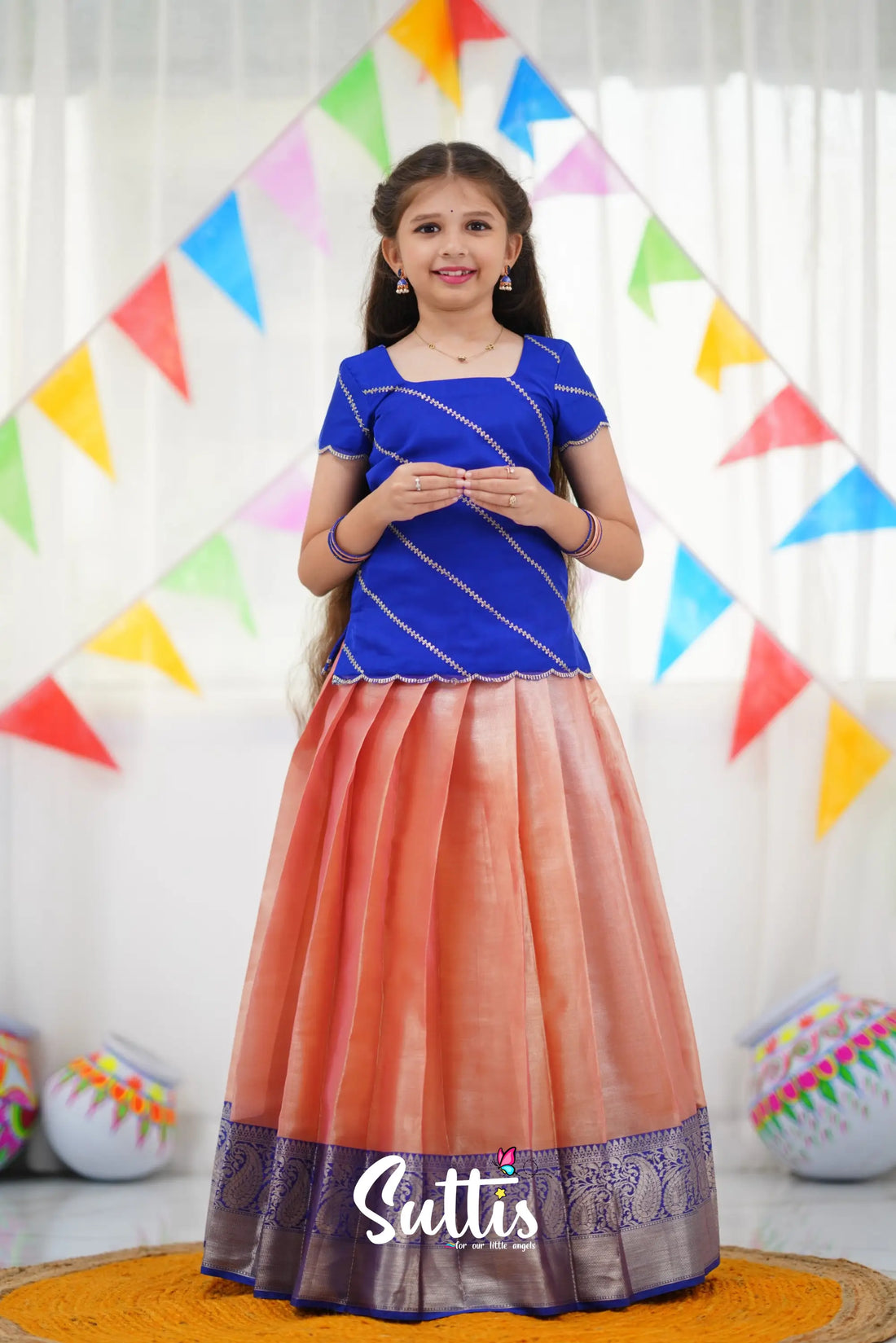 Organza Pavadai Sattai - Peach And Royal Blue Kids-Suttis