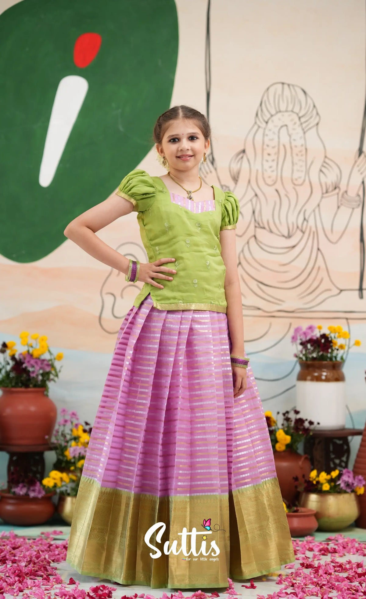 Organza Pavadai Sattai - Pinkish Lavender and Pastel Green - Kids-Suttis
