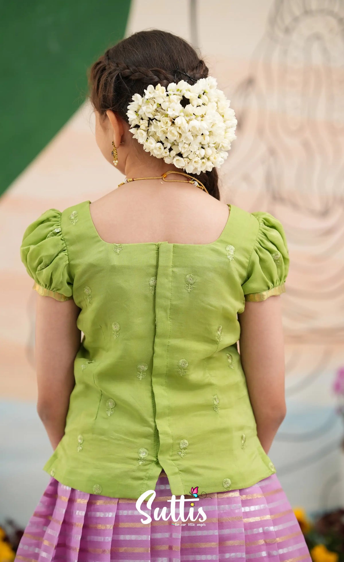 Organza Pavadai Sattai - Pinkish Lavender and Pastel Green - Kids-Suttis