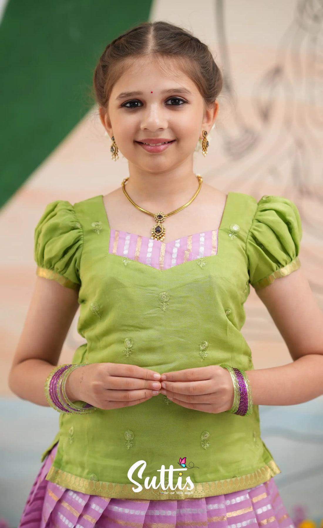 Organza Pavadai Sattai - Pinkish Lavender and Pastel Green - Kids-Suttis