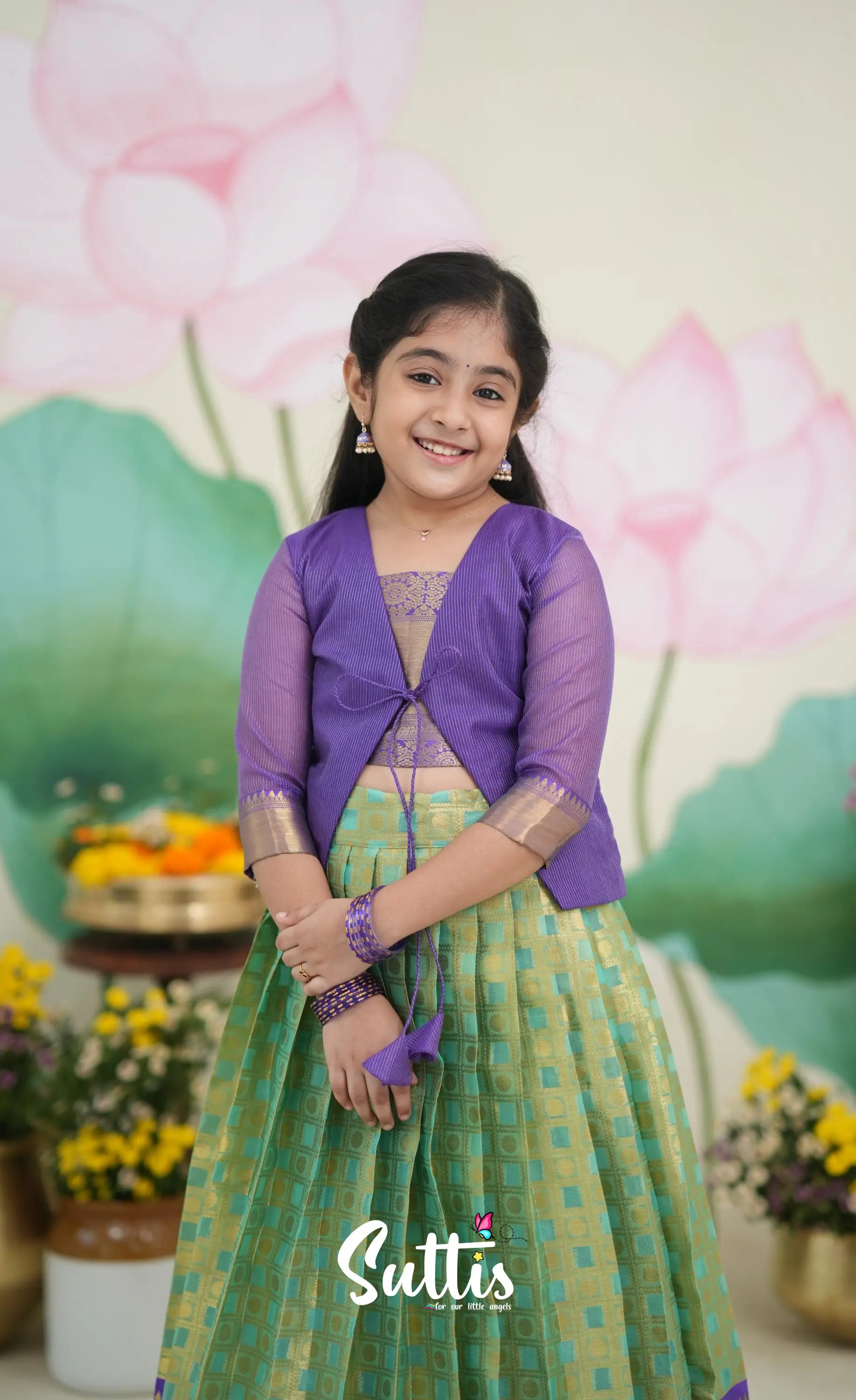Organza Pavadai Sattai - Sea Green and Purple Kids-Suttis