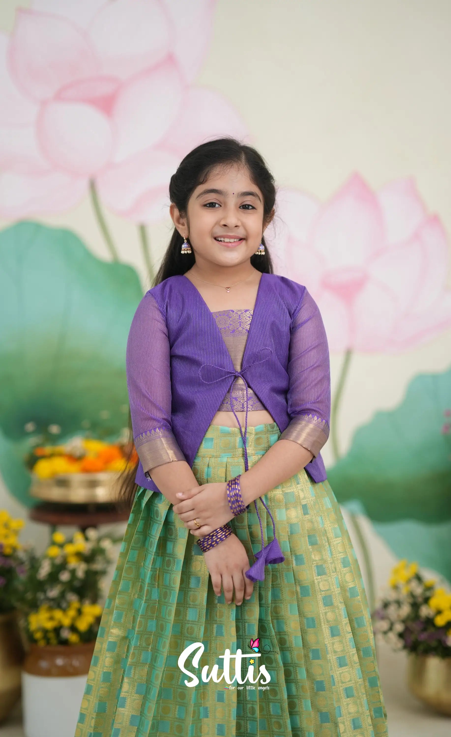 Organza Pavadai Sattai - Sea Green and Purple Kids-Suttis