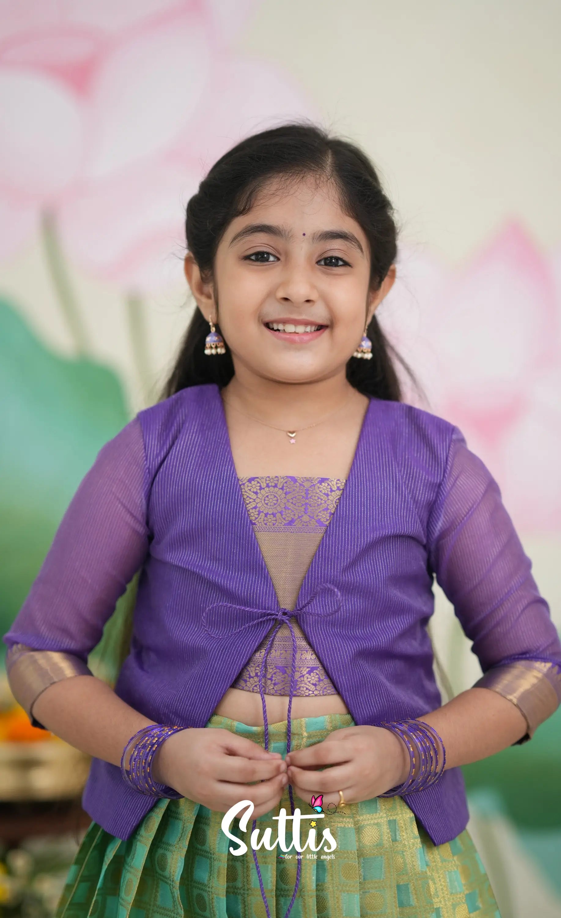 Organza Pavadai Sattai - Sea Green and Purple Kids-Suttis
