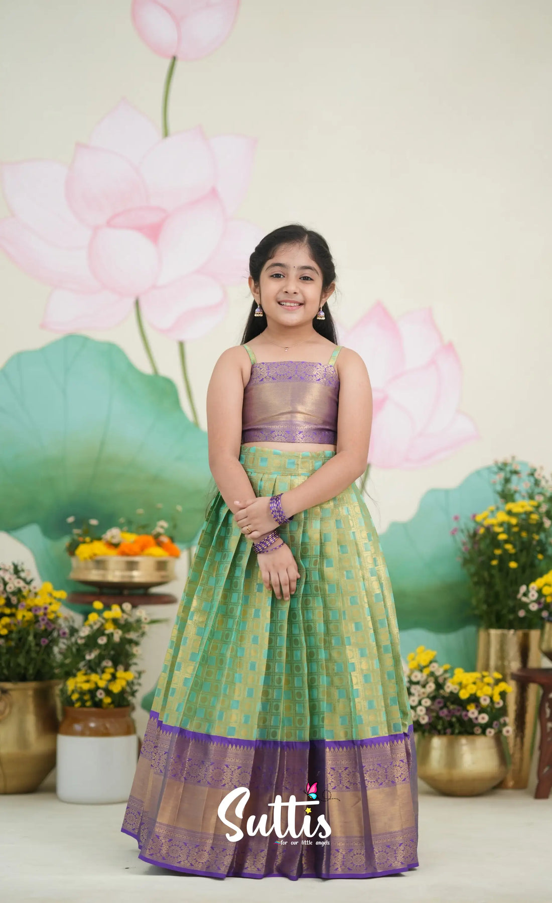 Organza Pavadai Sattai - Sea Green and Purple Kids-Suttis