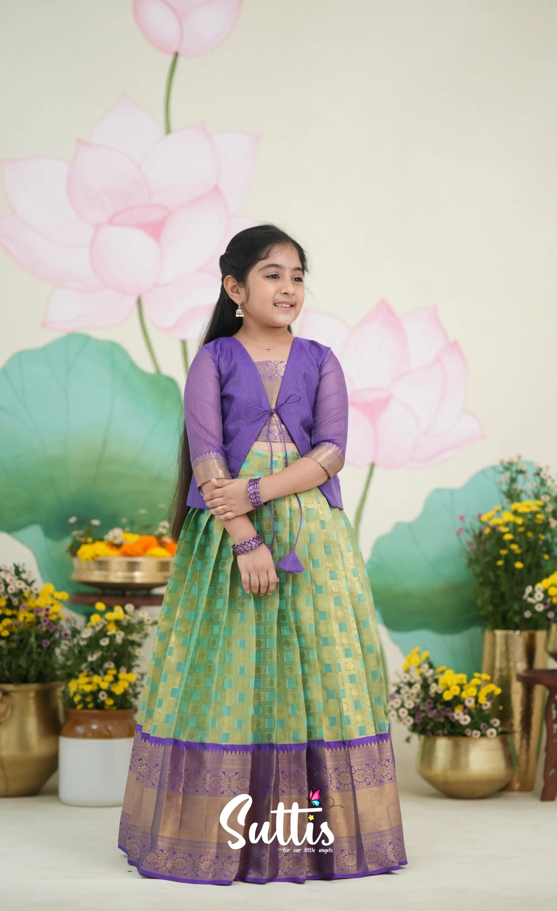 Organza Pavadai Sattai - Sea Green and Purple Kids-Suttis