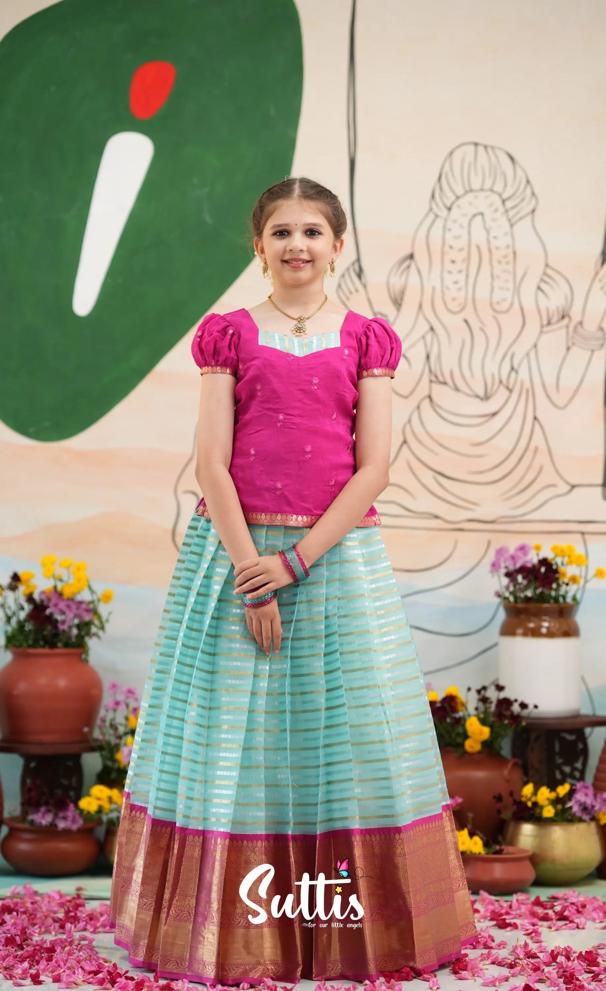 Organza Pavadai Sattai - Sky Blue and Rani Pink - Kids-Suttis