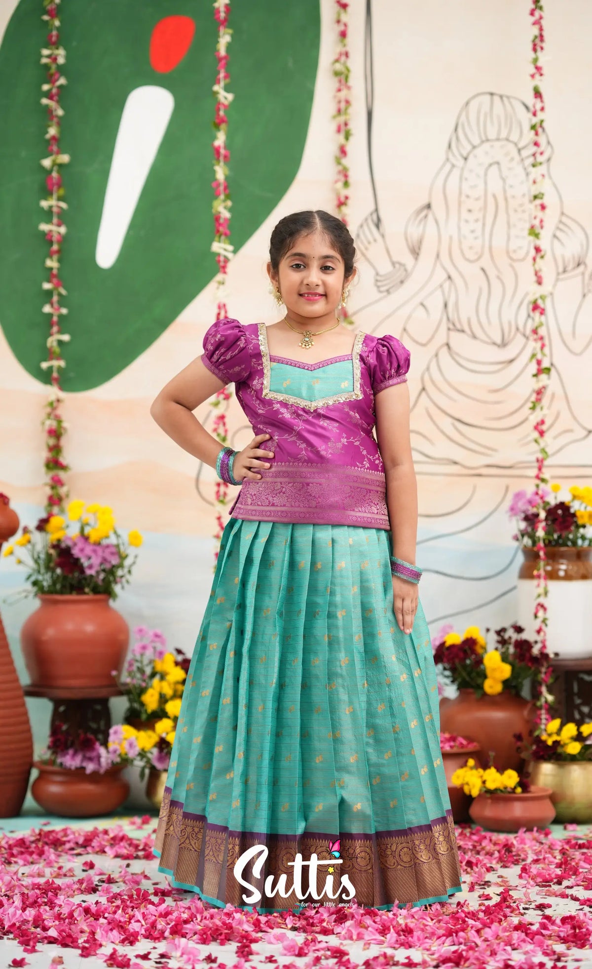 Organza Pavadai Sattai - Teal Blue and Purple - Kids-Suttis