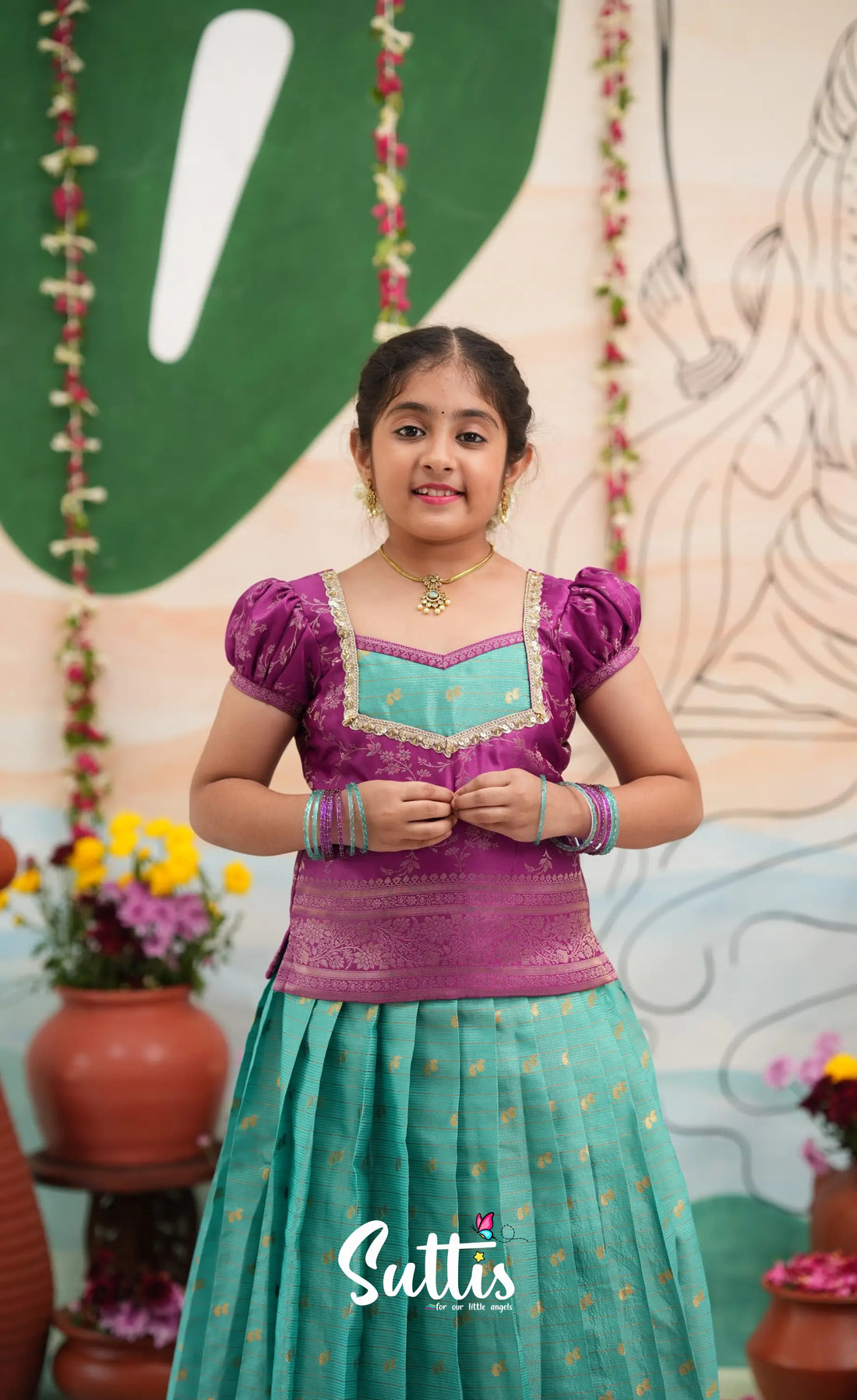 Organza Pavadai Sattai - Teal Blue and Purple - Kids-Suttis