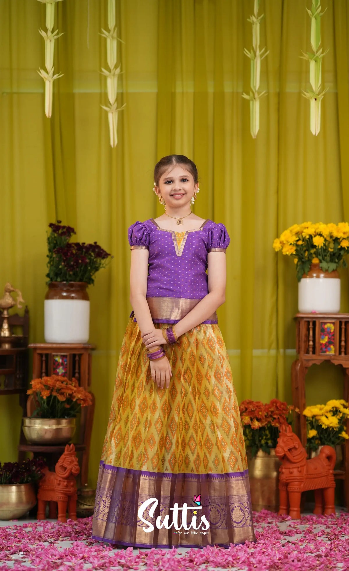 Organza Pavadai Sattai - Yellow and Purple - Kids-Suttis