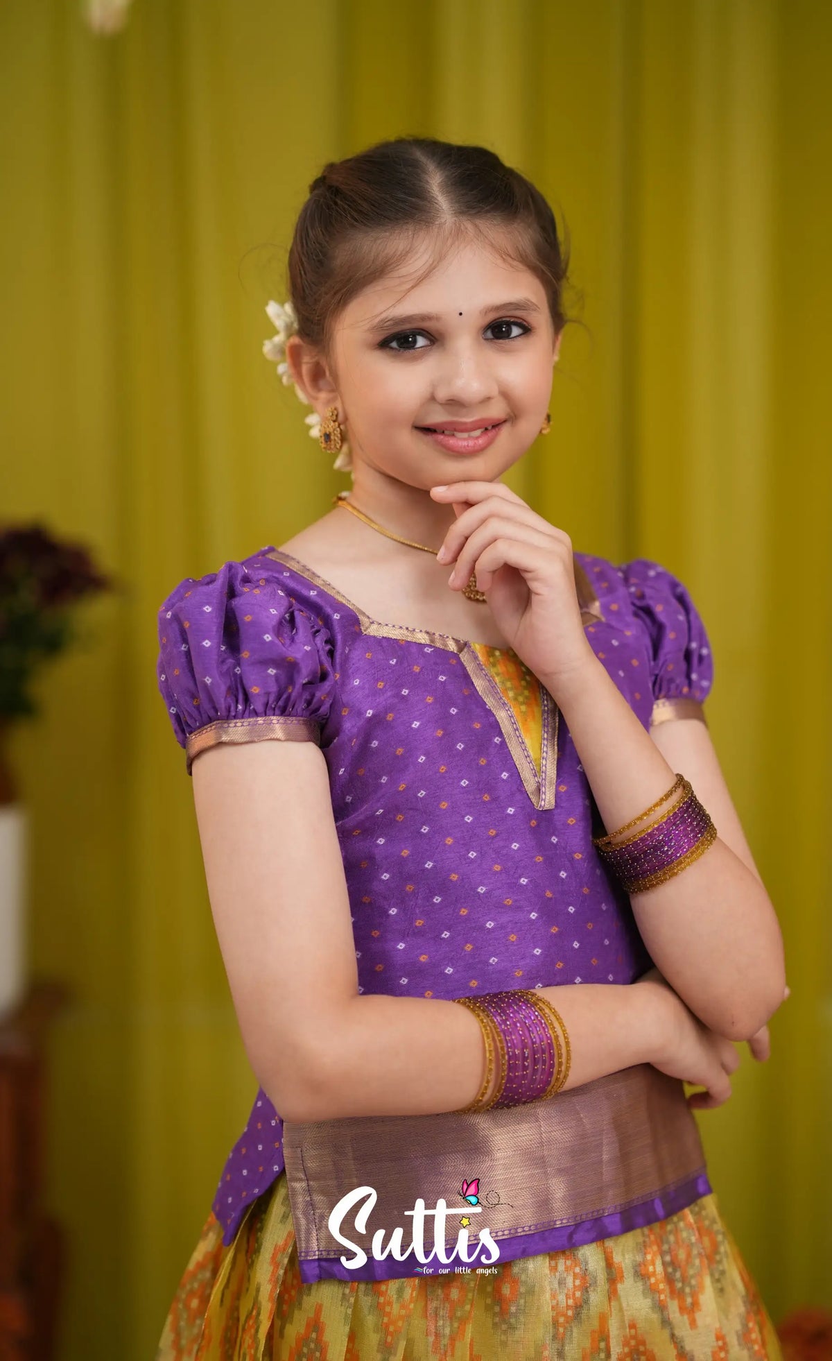 Organza Pavadai Sattai - Yellow and Purple - Kids-Suttis
