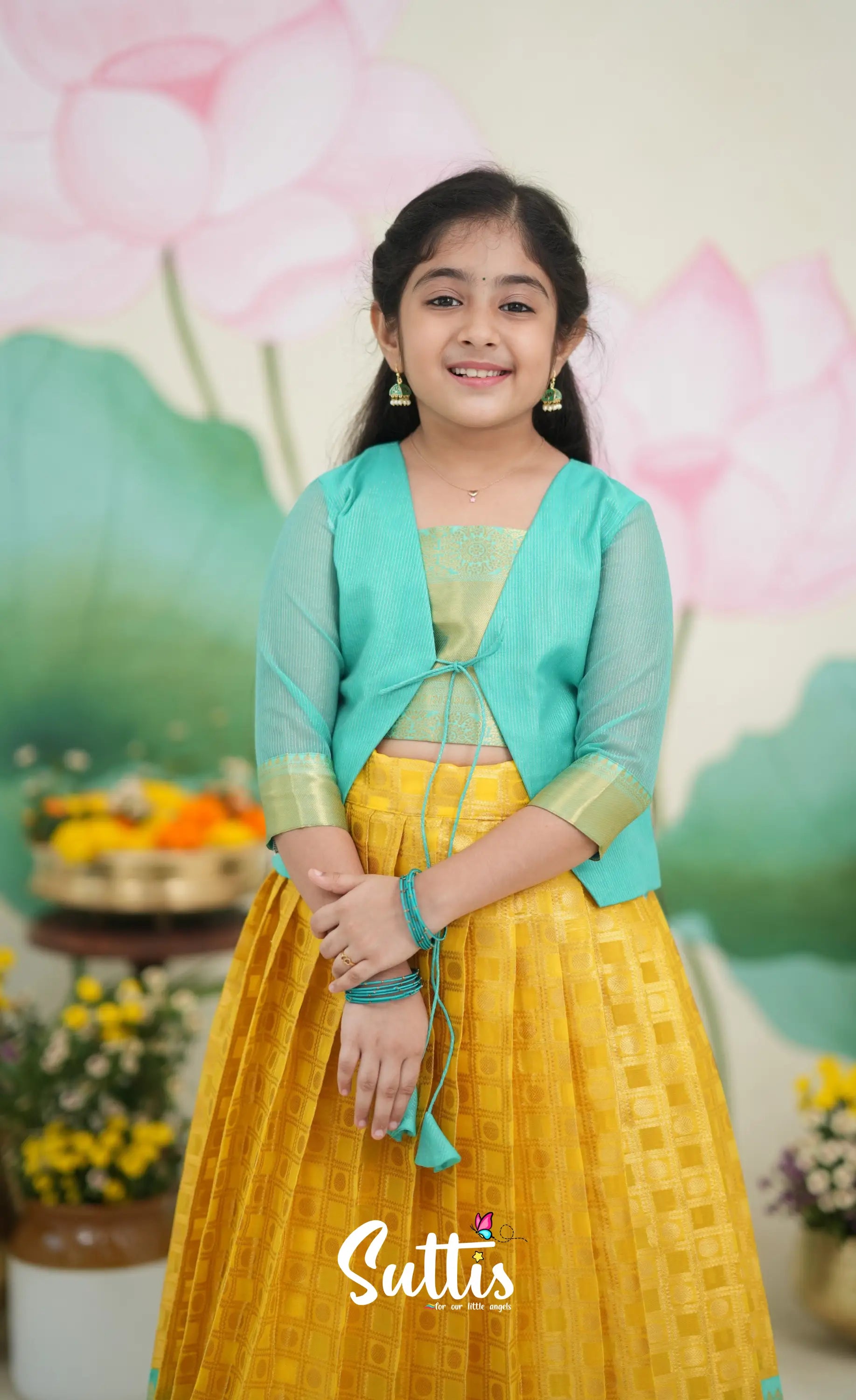 Organza Pavadai Sattai - Yellow and Teal Blue Kids-Suttis