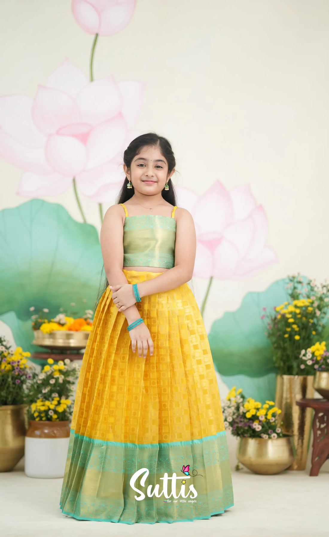 Organza Pavadai Sattai - Yellow and Teal Blue Kids-Suttis