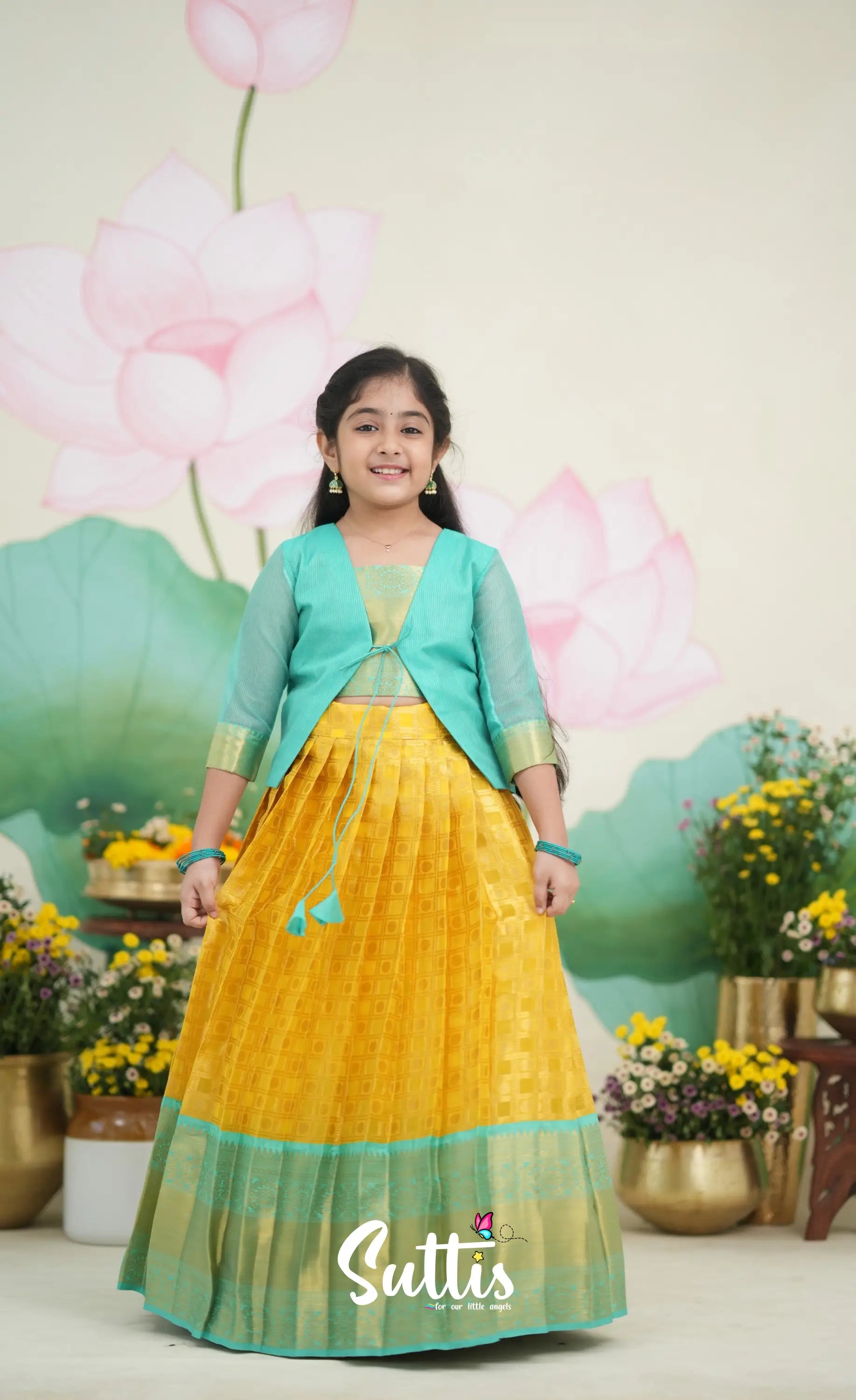 Organza Pavadai Sattai - Yellow and Teal Blue Kids-Suttis