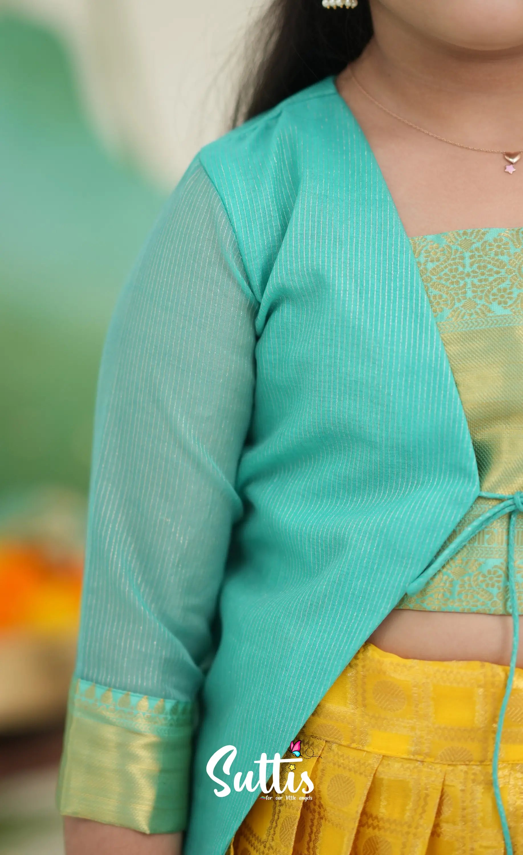 Organza Pavadai Sattai - Yellow and Teal Blue Kids-Suttis