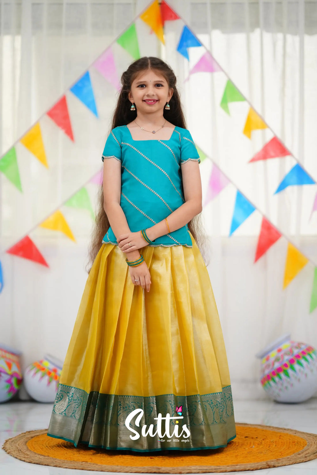 Organza Pavadai Sattai - Yellow And Teal Blue Kids-Suttis