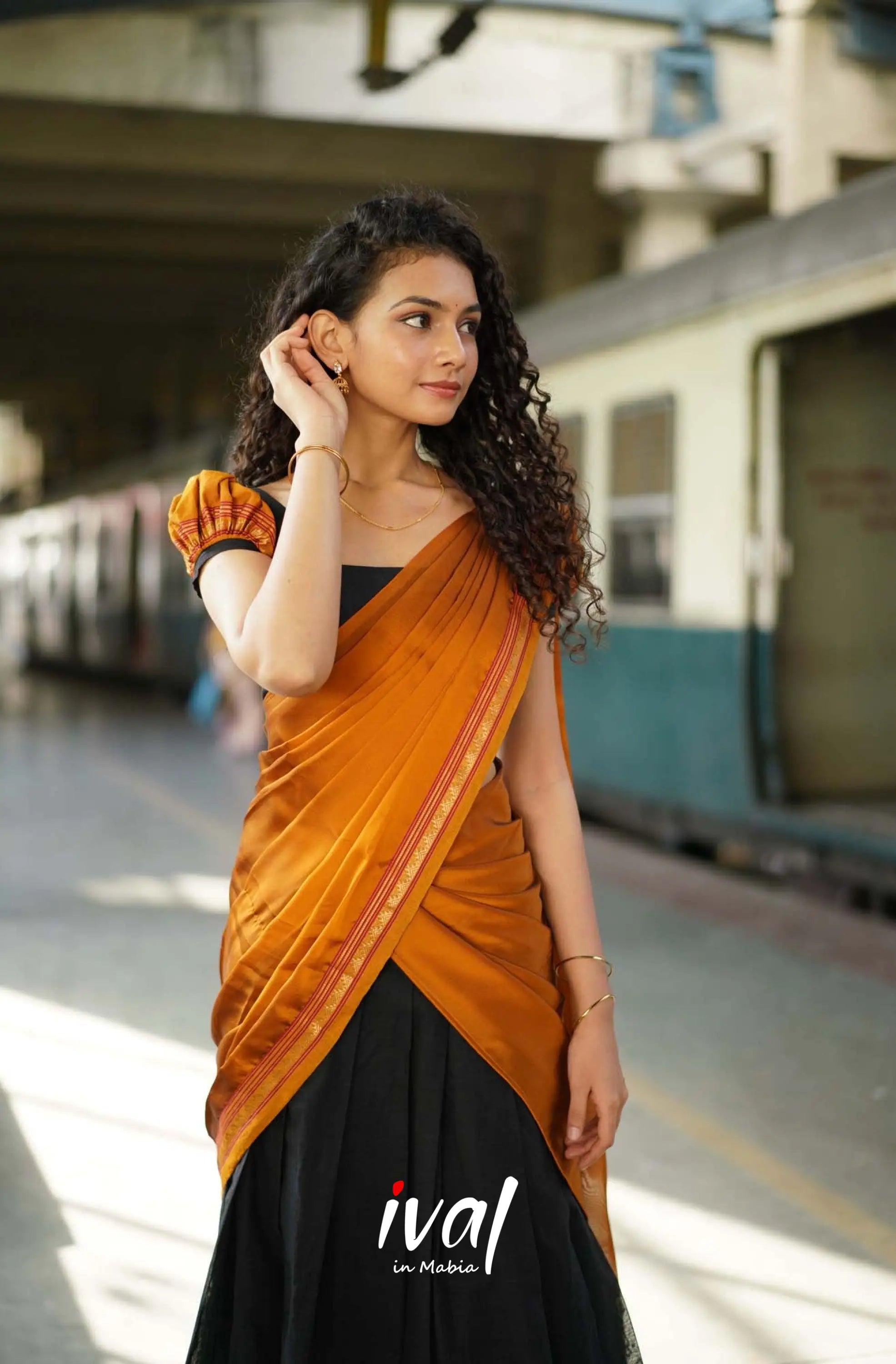 Padmaja - Black And Dark Mustard Cotton Halfsaree Kids-Suttis