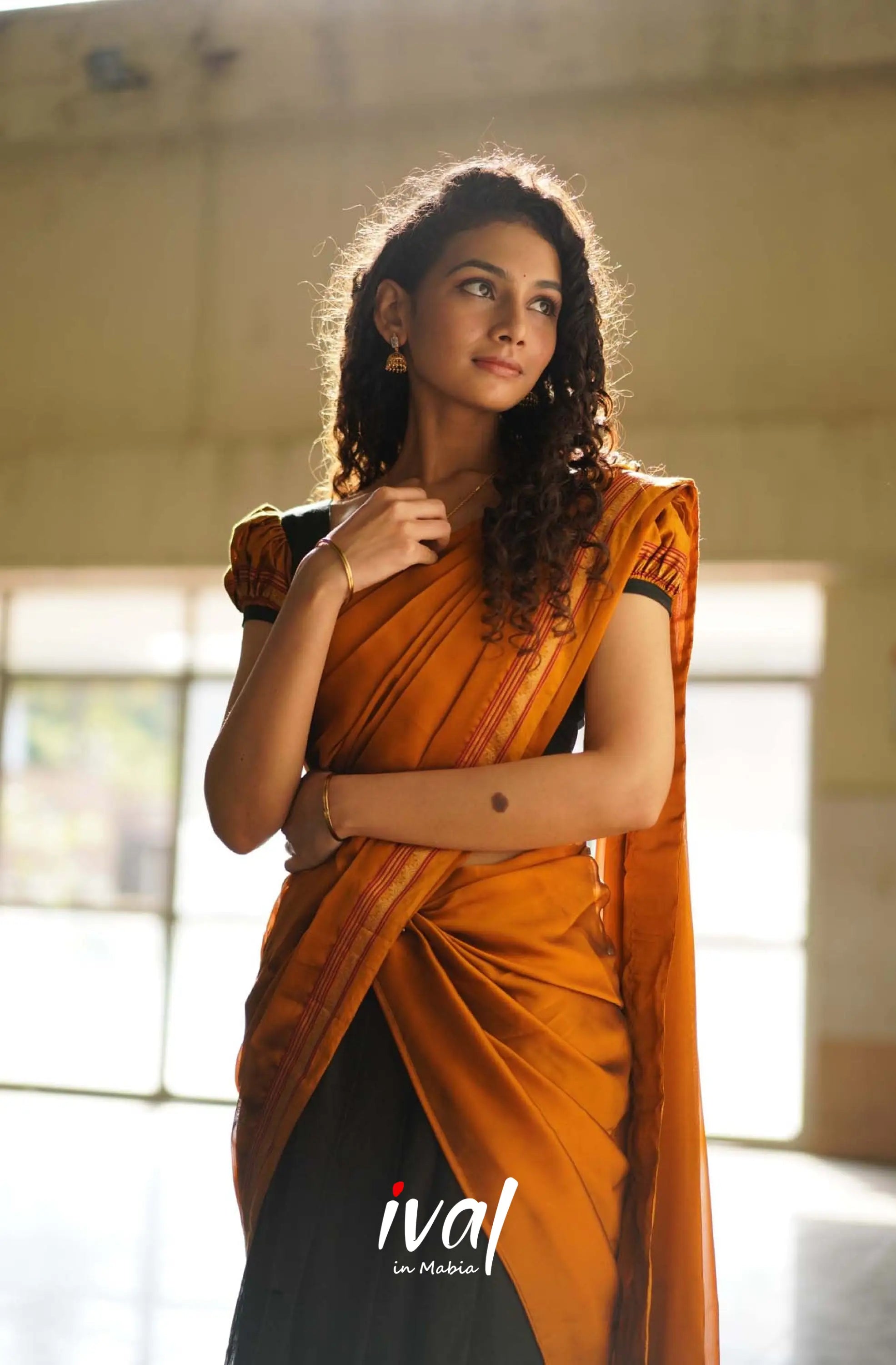 Padmaja - Black And Dark Mustard Cotton Halfsaree Kids-Suttis