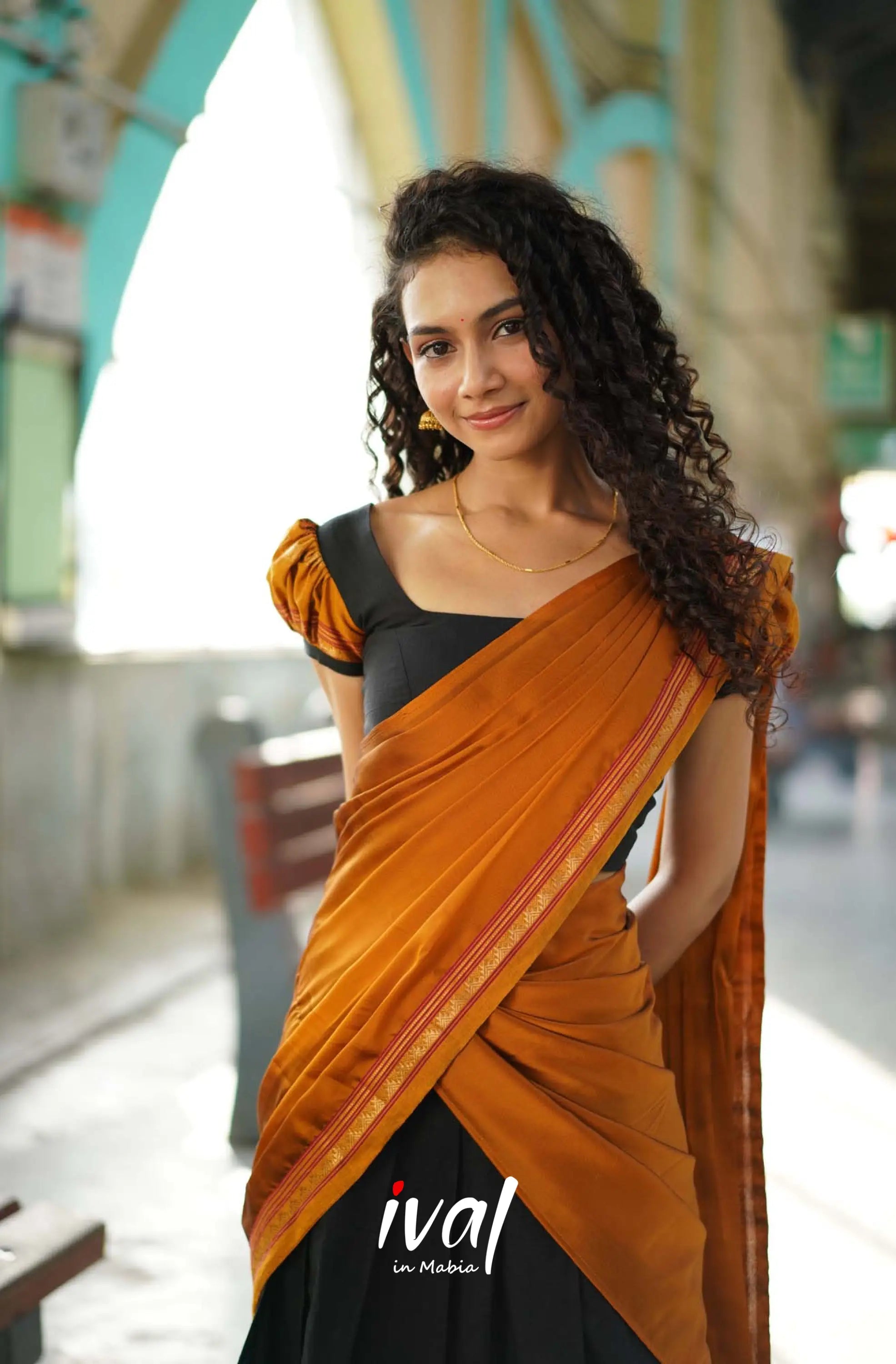 Padmaja - Black And Dark Mustard Cotton Halfsaree Kids-Suttis
