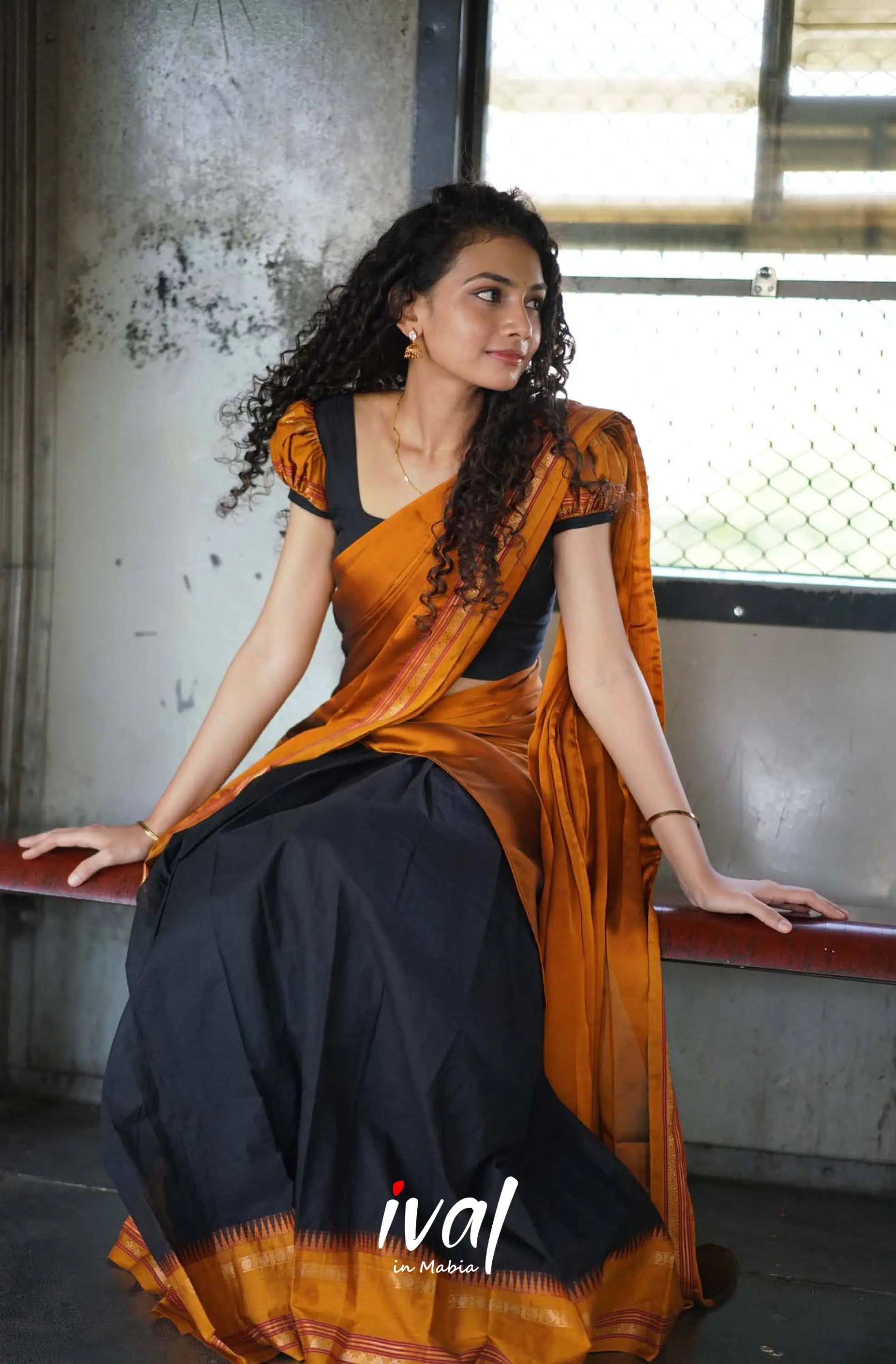 Padmaja - Black And Dark Mustard Cotton Halfsaree Kids-Suttis