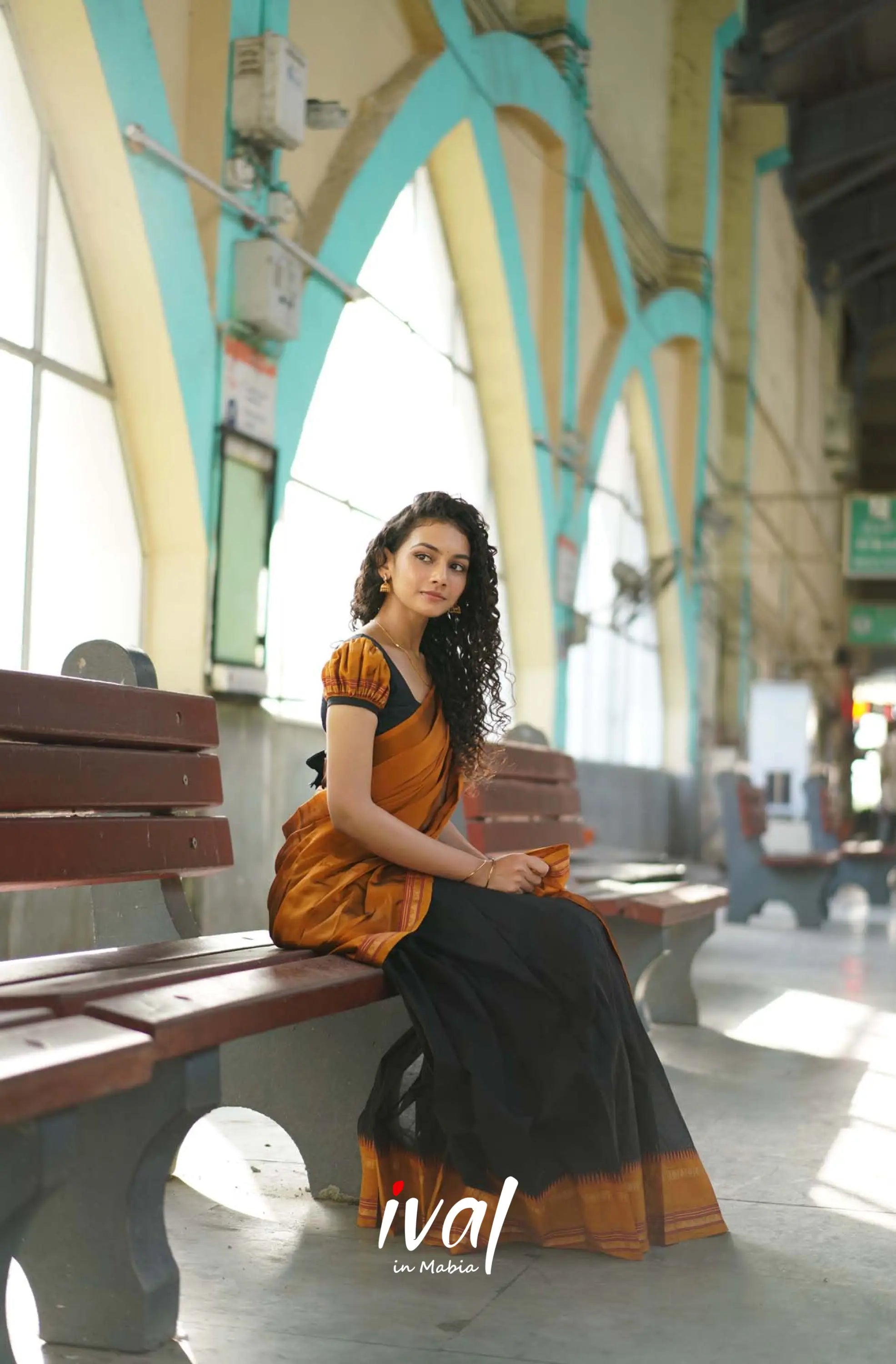 Padmaja - Black And Dark Mustard Cotton Halfsaree Kids-Suttis