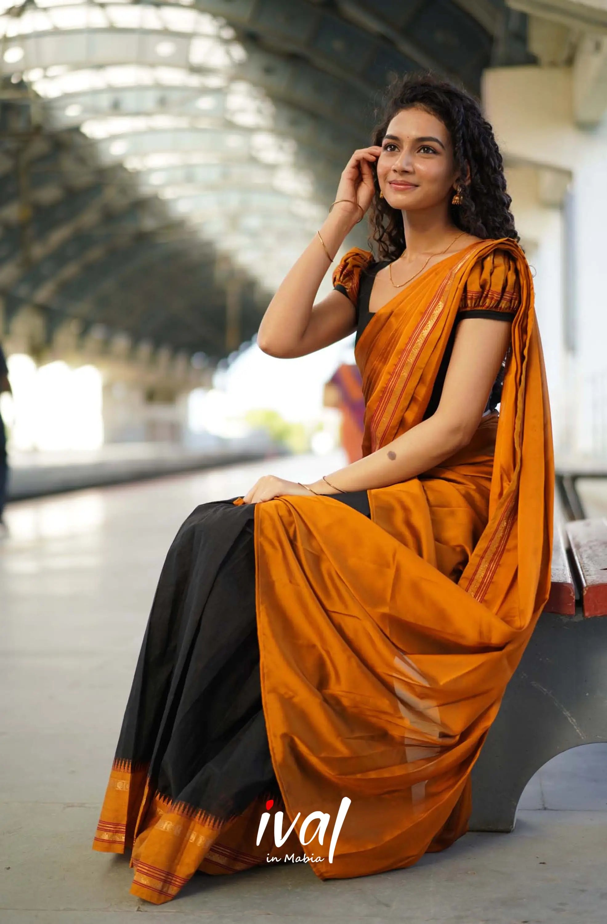 Padmaja - Black And Dark Mustard Cotton Halfsaree Kids-Suttis