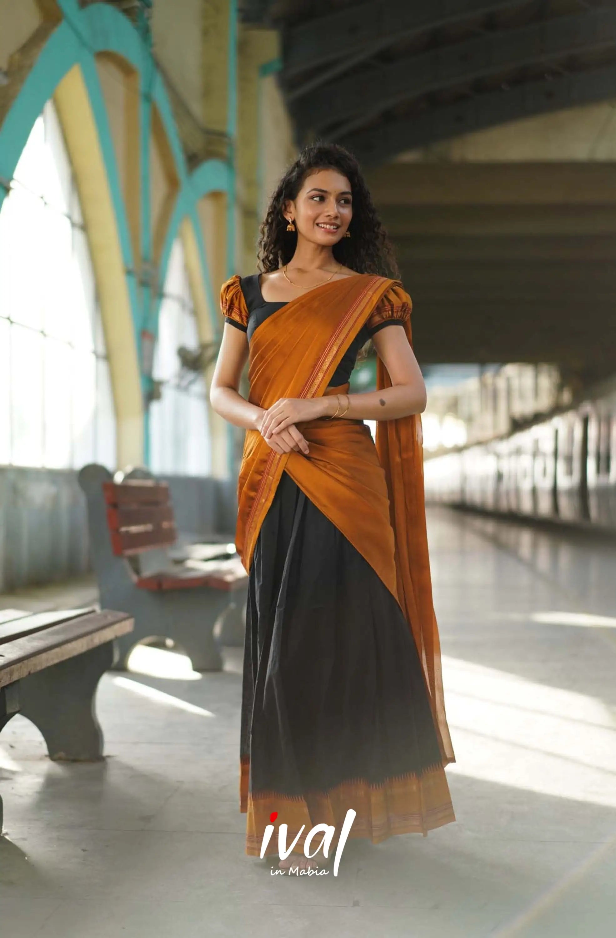Padmaja - Black And Dark Mustard Cotton Halfsaree Kids-Suttis