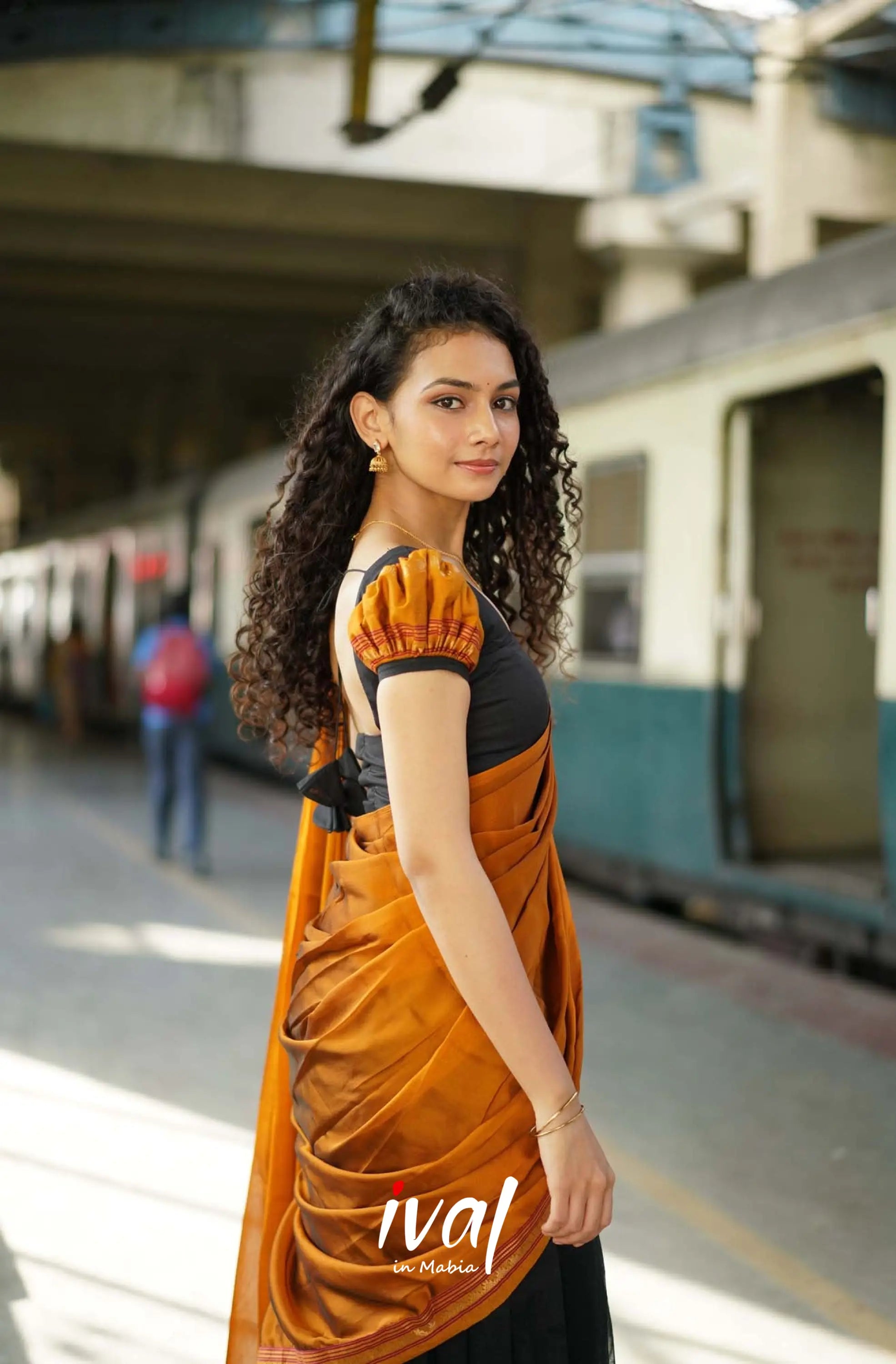 Padmaja - Black And Dark Mustard Cotton Halfsaree Kids-Suttis