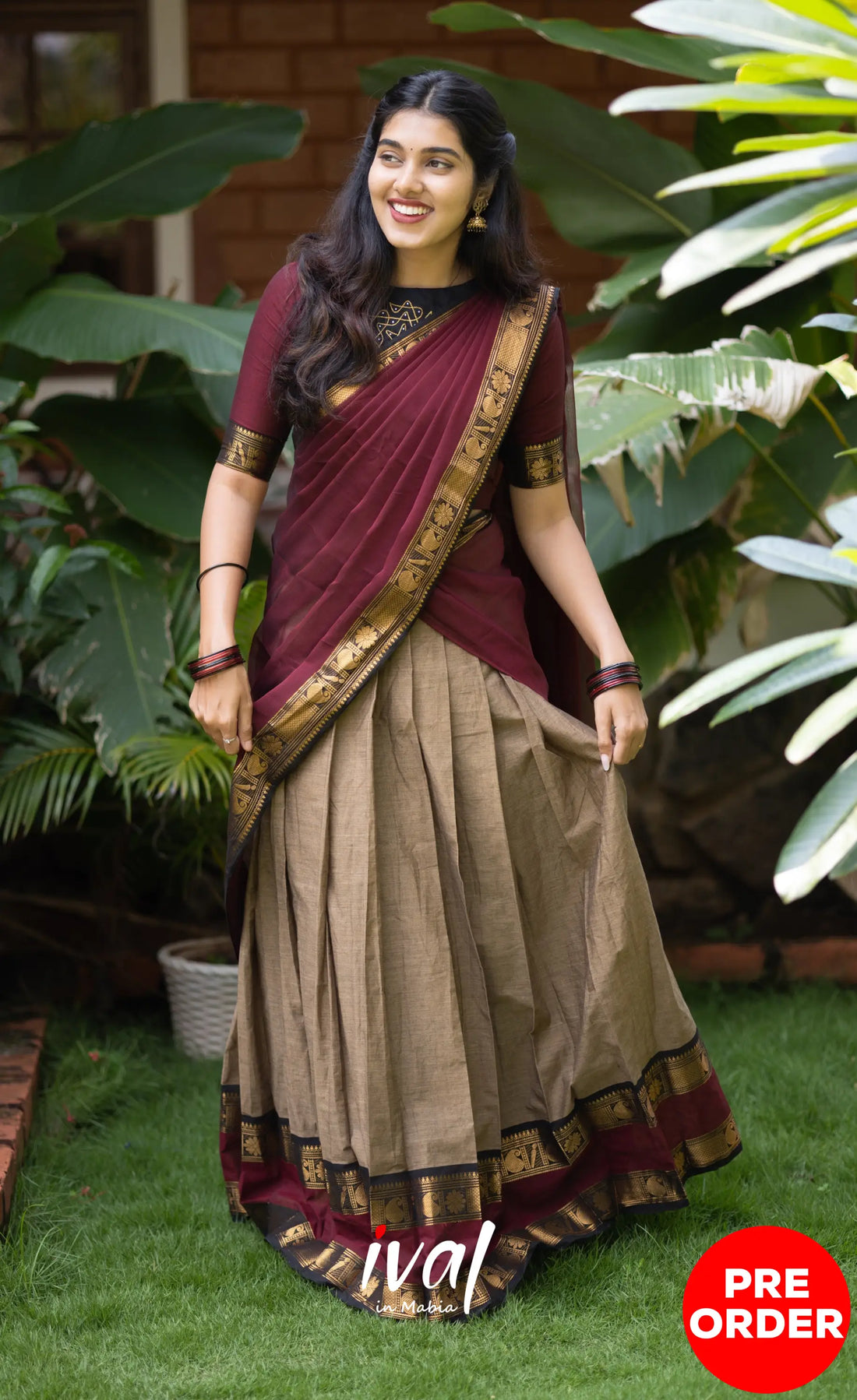 Padmaja Cotton Half Saree - Beige and Dark Maroon Half Sarees
