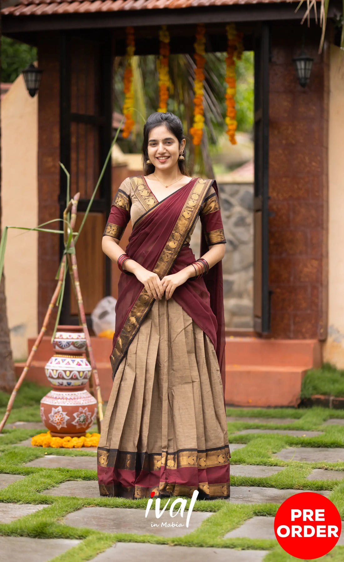 Padmaja Cotton Half Saree - Beige and Dark Maroon Half Sarees