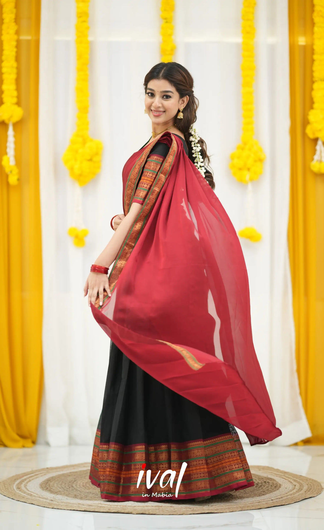Padmaja Cotton Half Saree - Black and Dark Red Half Sarees