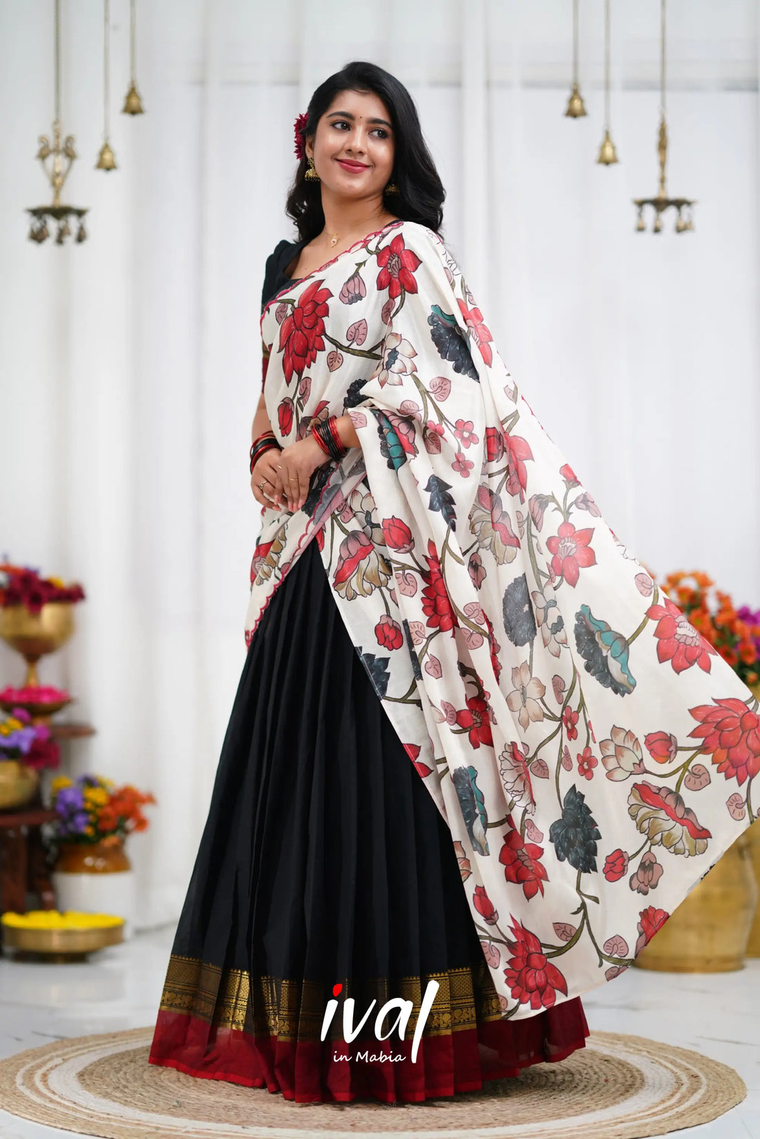Padmaja Cotton Half Saree - Black And Dark Red Sarees