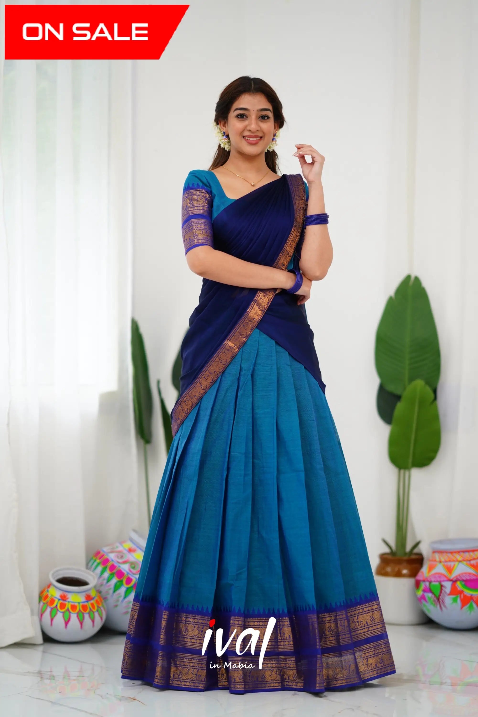 Padmaja Cotton Half Saree Blue and Royal Blue – Ivalinmabia