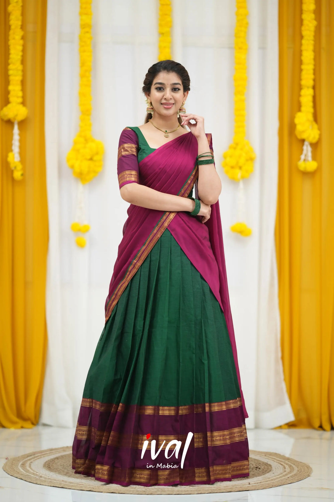 Padmaja Cotton Half Saree - Bottle Green and Dark Pink Half Sarees