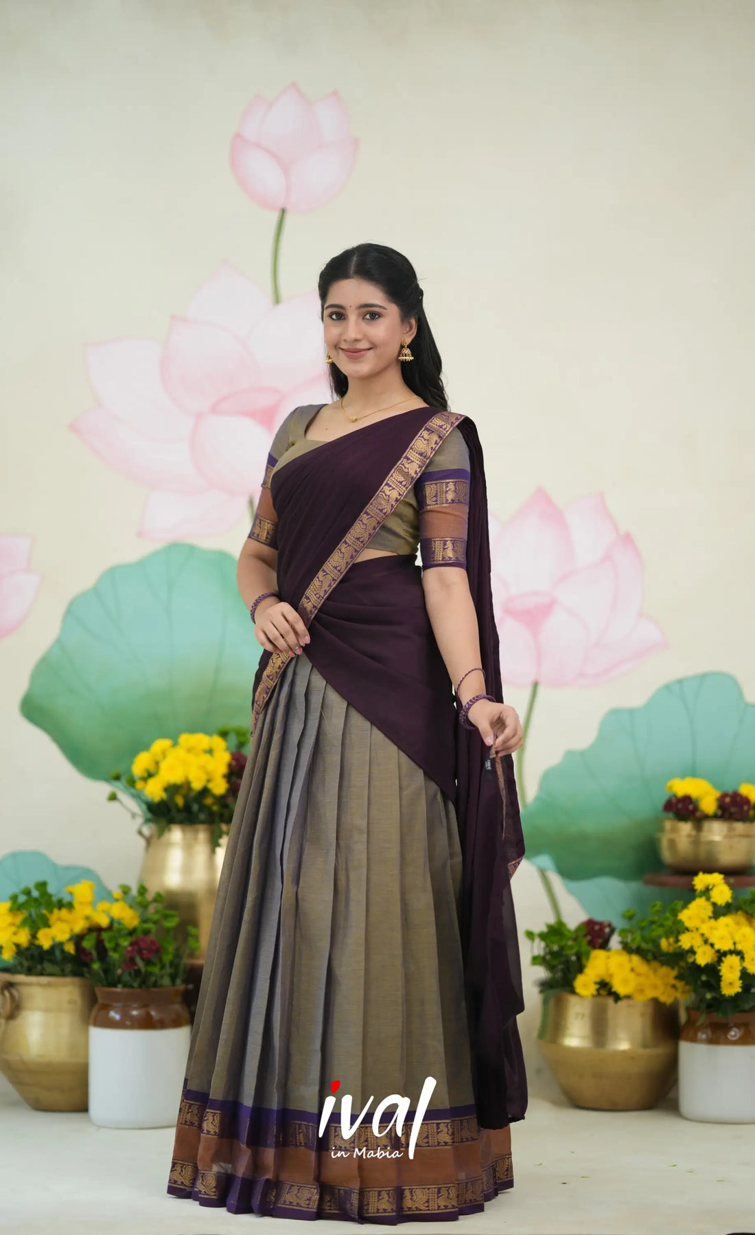 Padmaja Cotton Half Saree - Brownish Grey and dark Plum Half Sarees