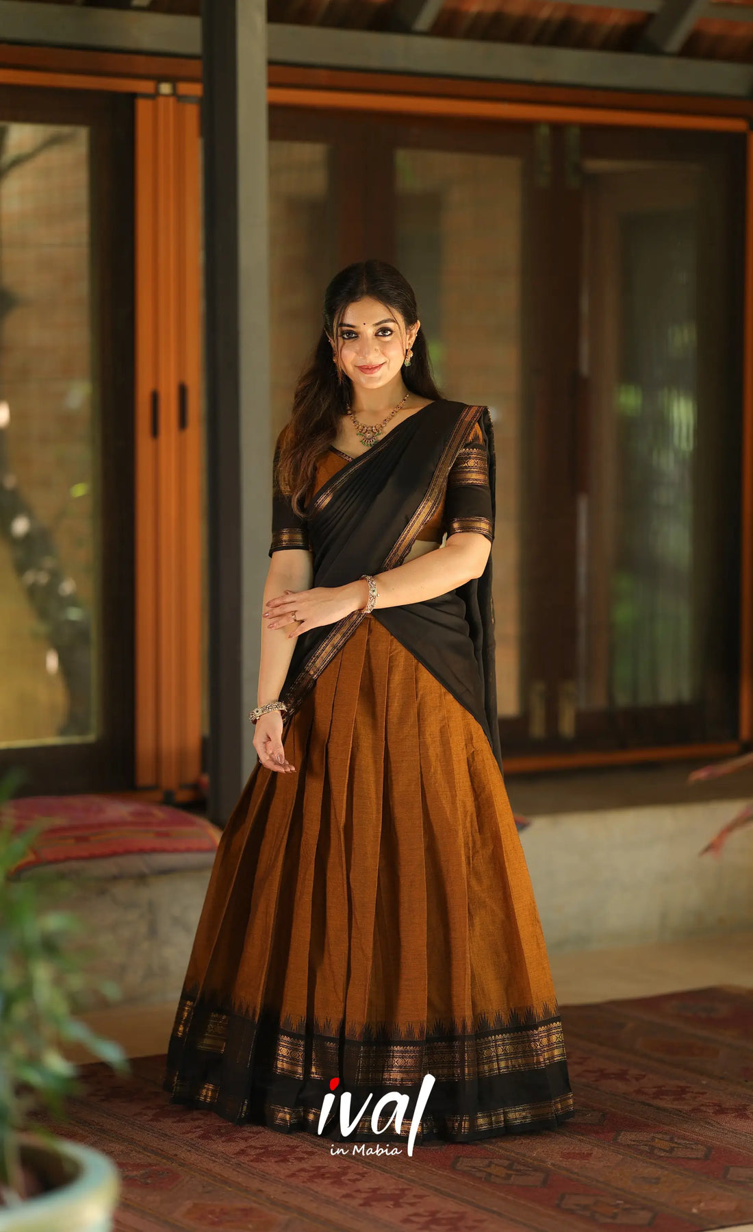 Padmaja Cotton Half Saree - Brownish mustard and Black with Stretchable Blouse - Half Sarees