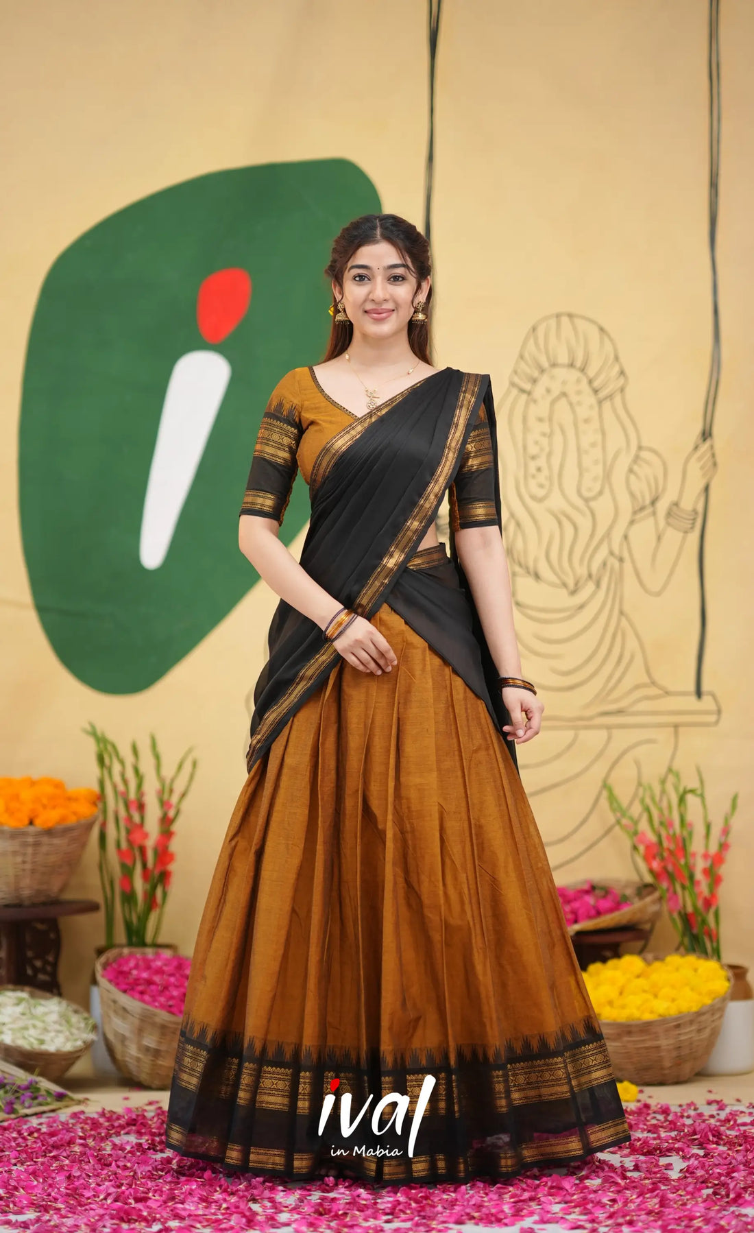 Padmaja Cotton Half Saree - Brownish mustard and Black with Stretchable Blouse - Half Sarees