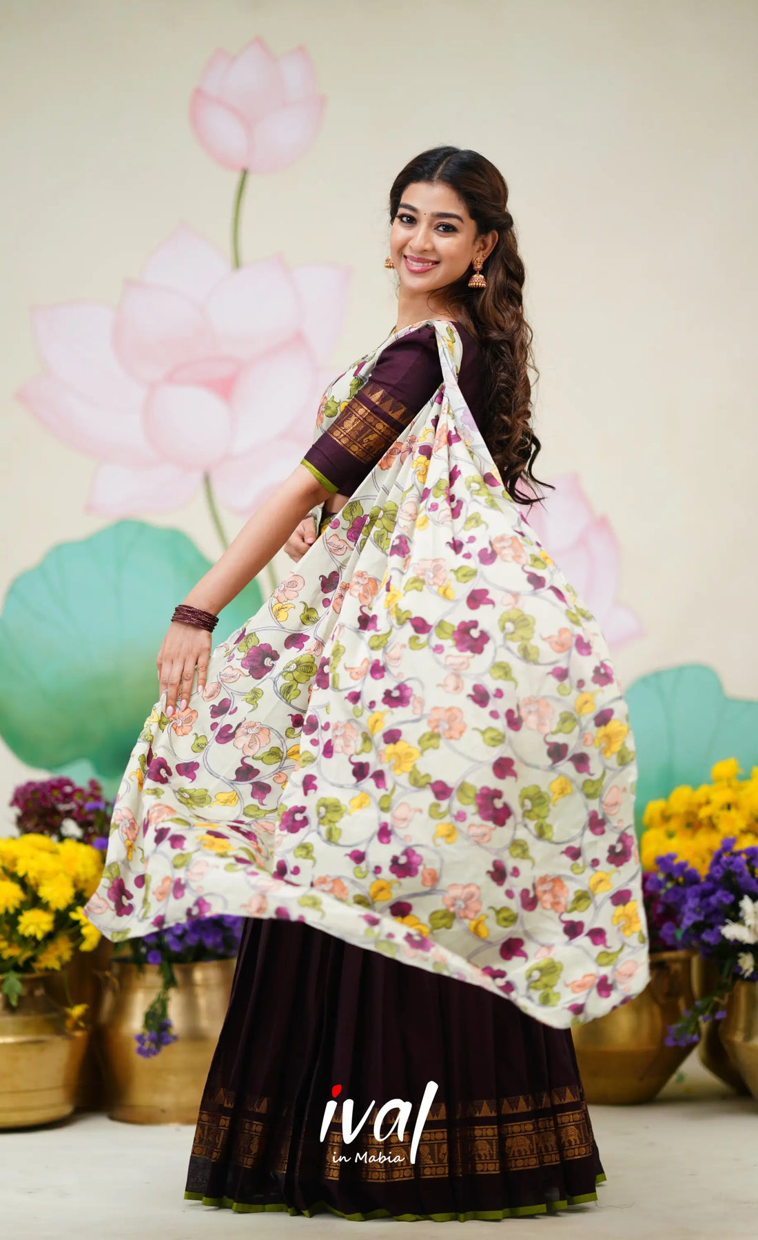 Padmaja Cotton Half Saree Deep wine and Pastel Green Half Sarees