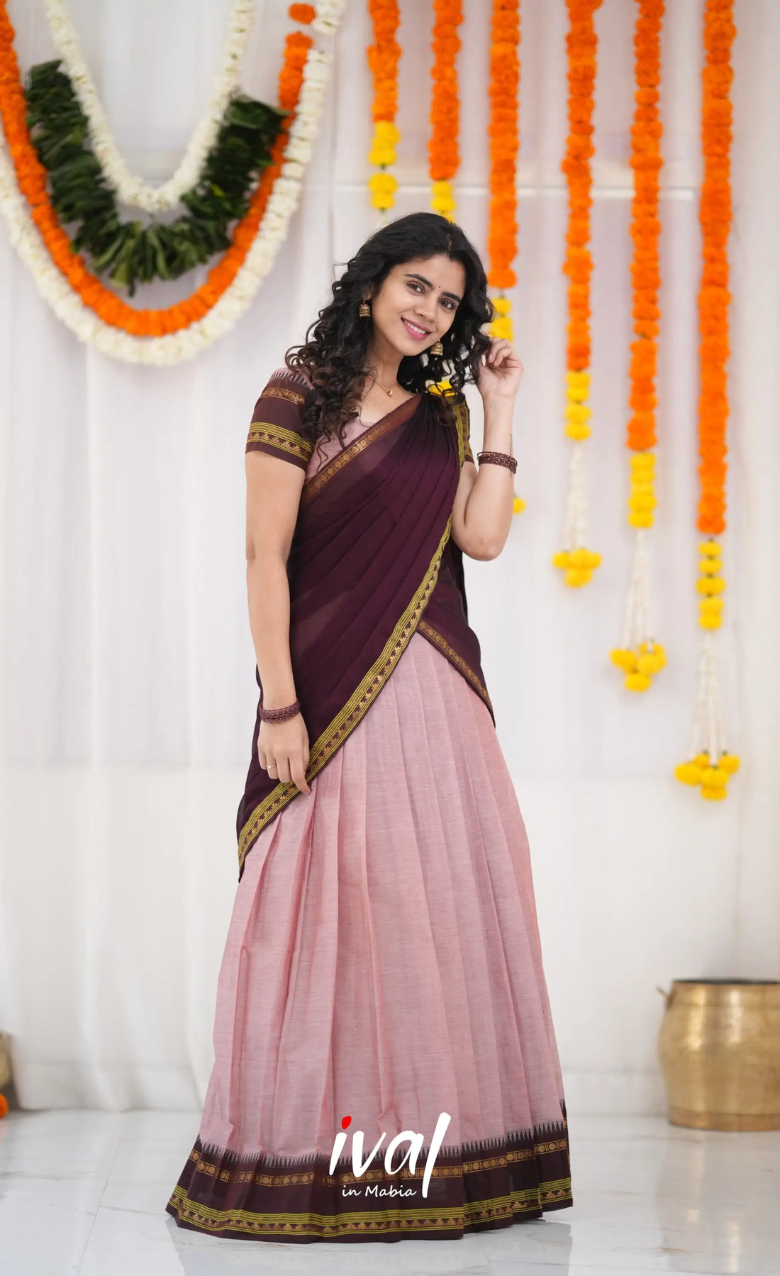 Padmaja Cotton Half Saree - Dusky Pink and Brownish Maroon Half Sarees