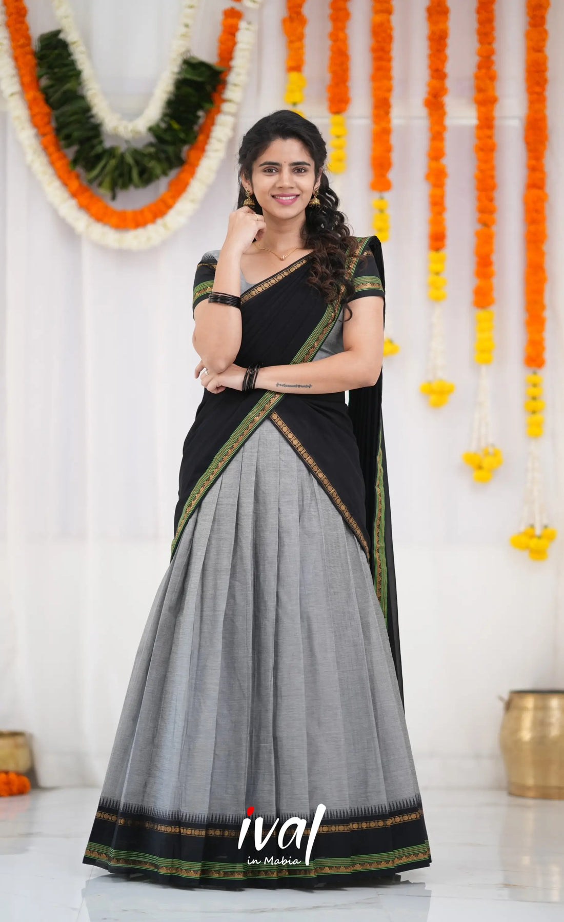 Padmaja Cotton Half Saree - Grey and Black Half Sarees
