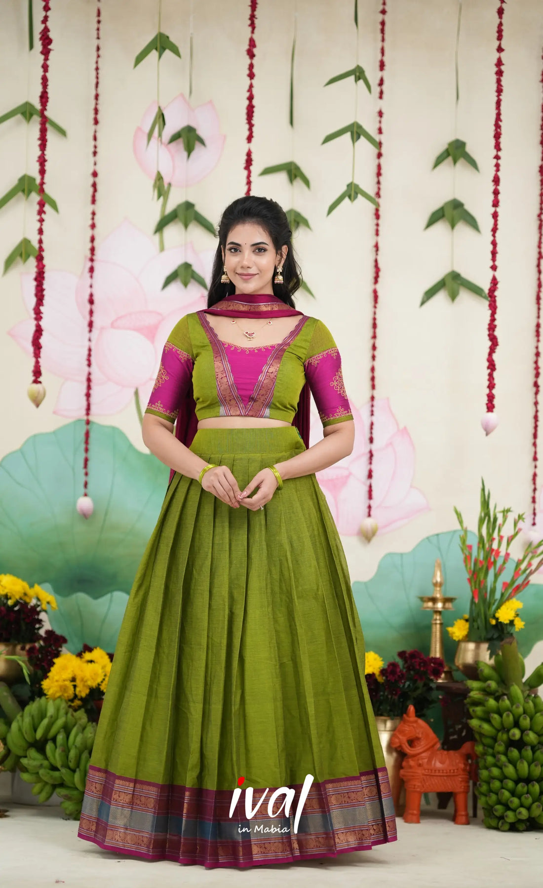 Padmaja Cotton Half Saree - Leaf Green and Magenta Pink Half Sarees