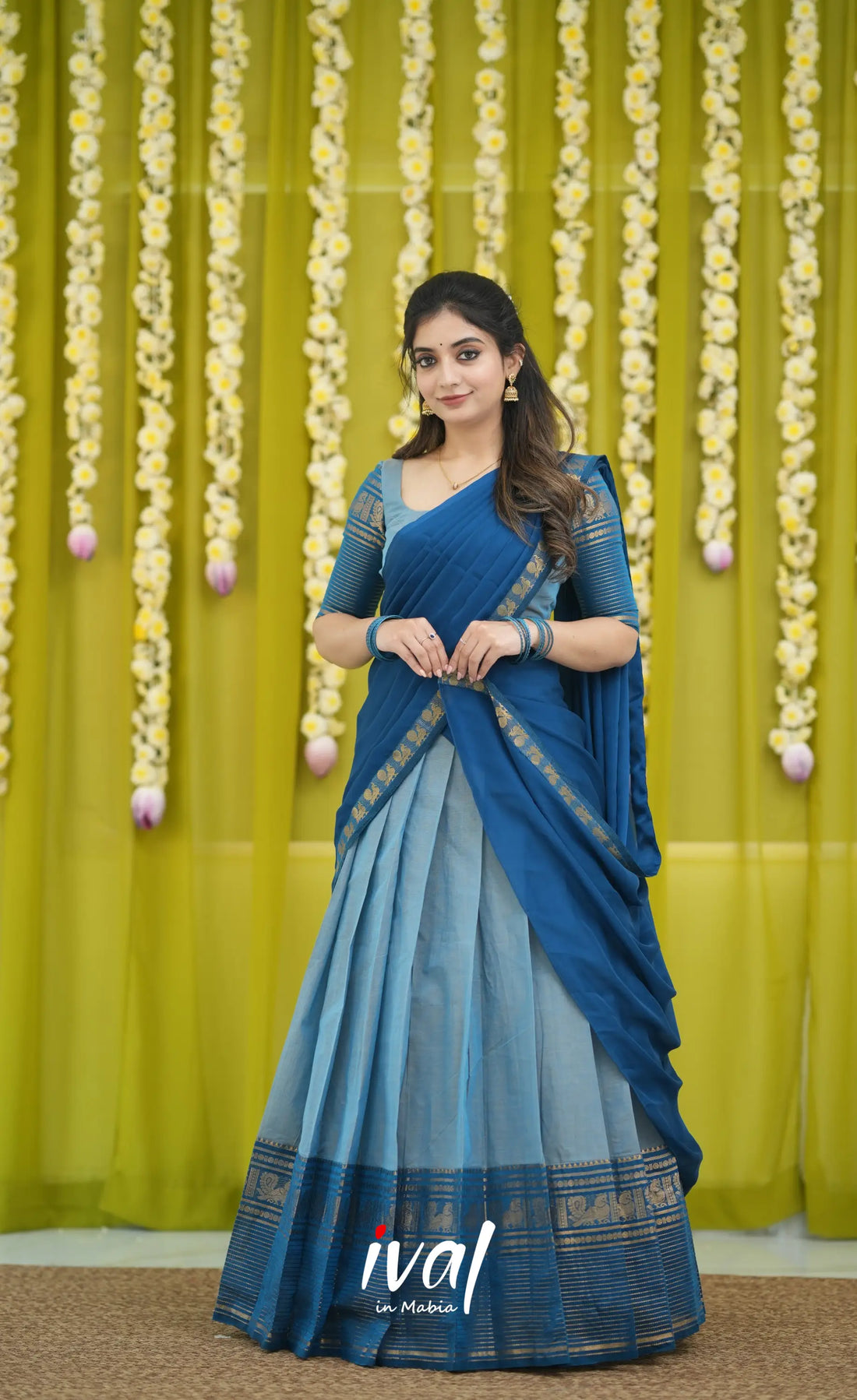 Padmaja Cotton Half Saree - Light Blue and Blue Half Sarees