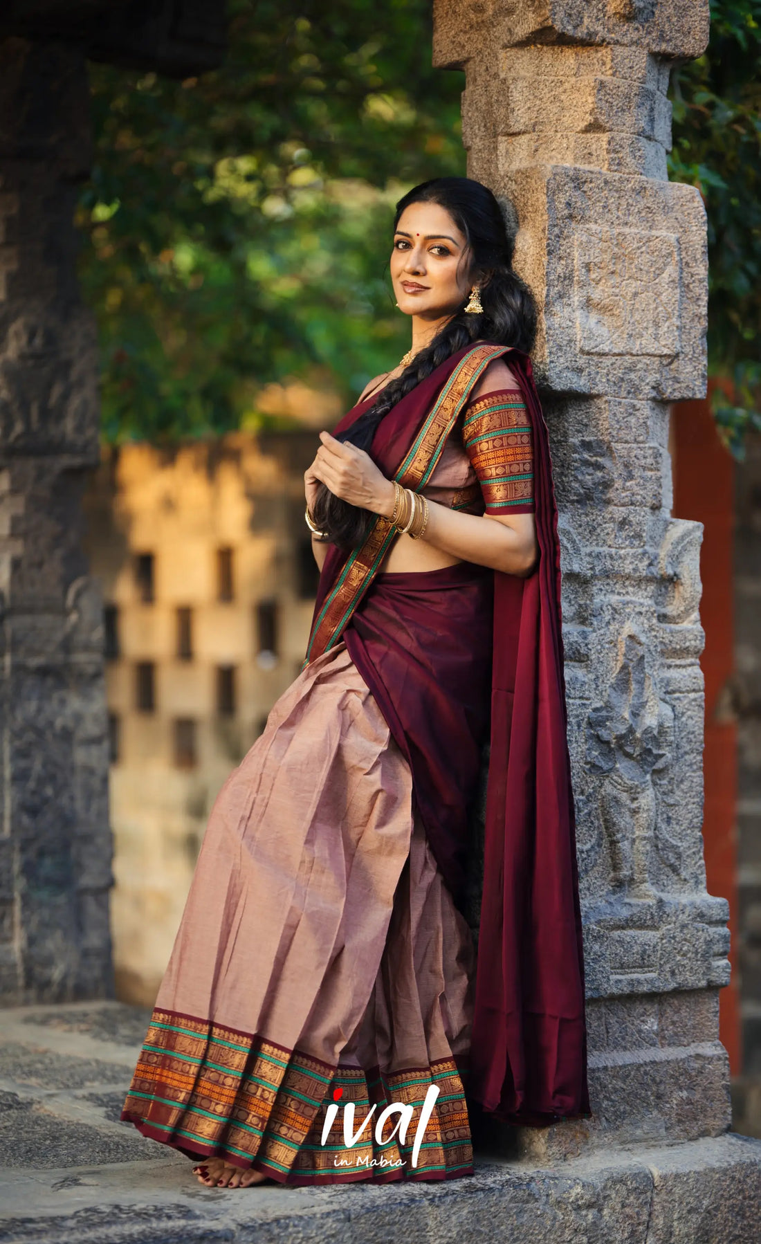 Padmaja Cotton Half Saree - Light Brown and Dark Brown Half Sarees