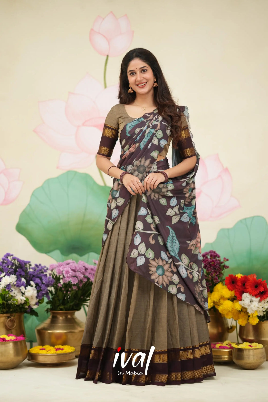 Padmaja Cotton Half Saree - Light Brown and Dark Brown Half Sarees