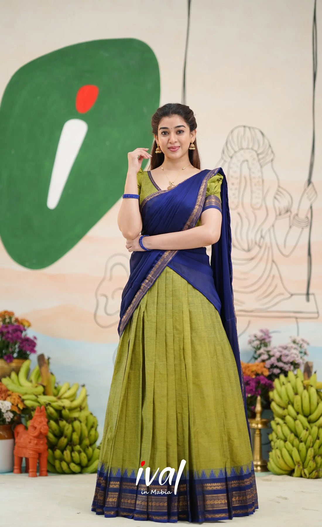 Padmaja Cotton Half Saree - Light green and Royal blue - Half Sarees