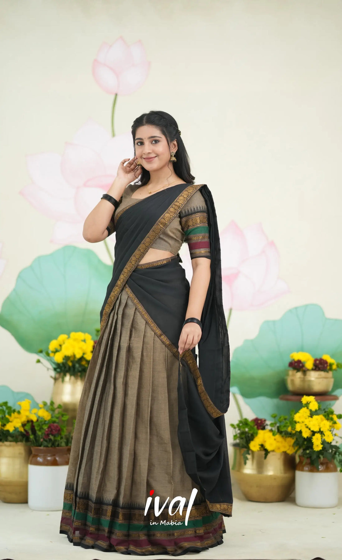 Padmaja Cotton Half Saree - Light Greyish Brown and Black Half Sarees