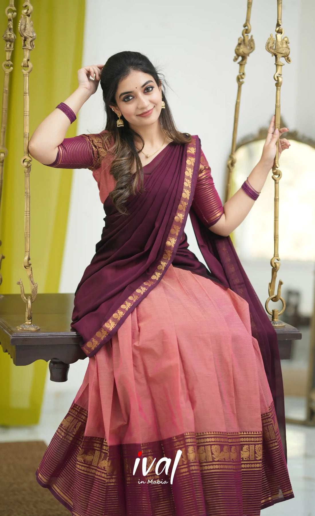 Padmaja Cotton Half Saree - Light Pink and dark Magenta Half Sarees