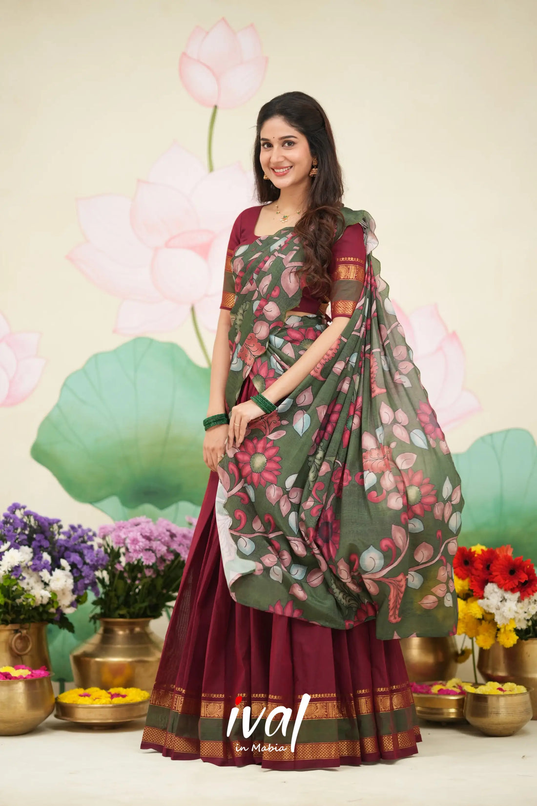 Padmaja Cotton Half Saree - Maroon and Manthalir Green Half Sarees