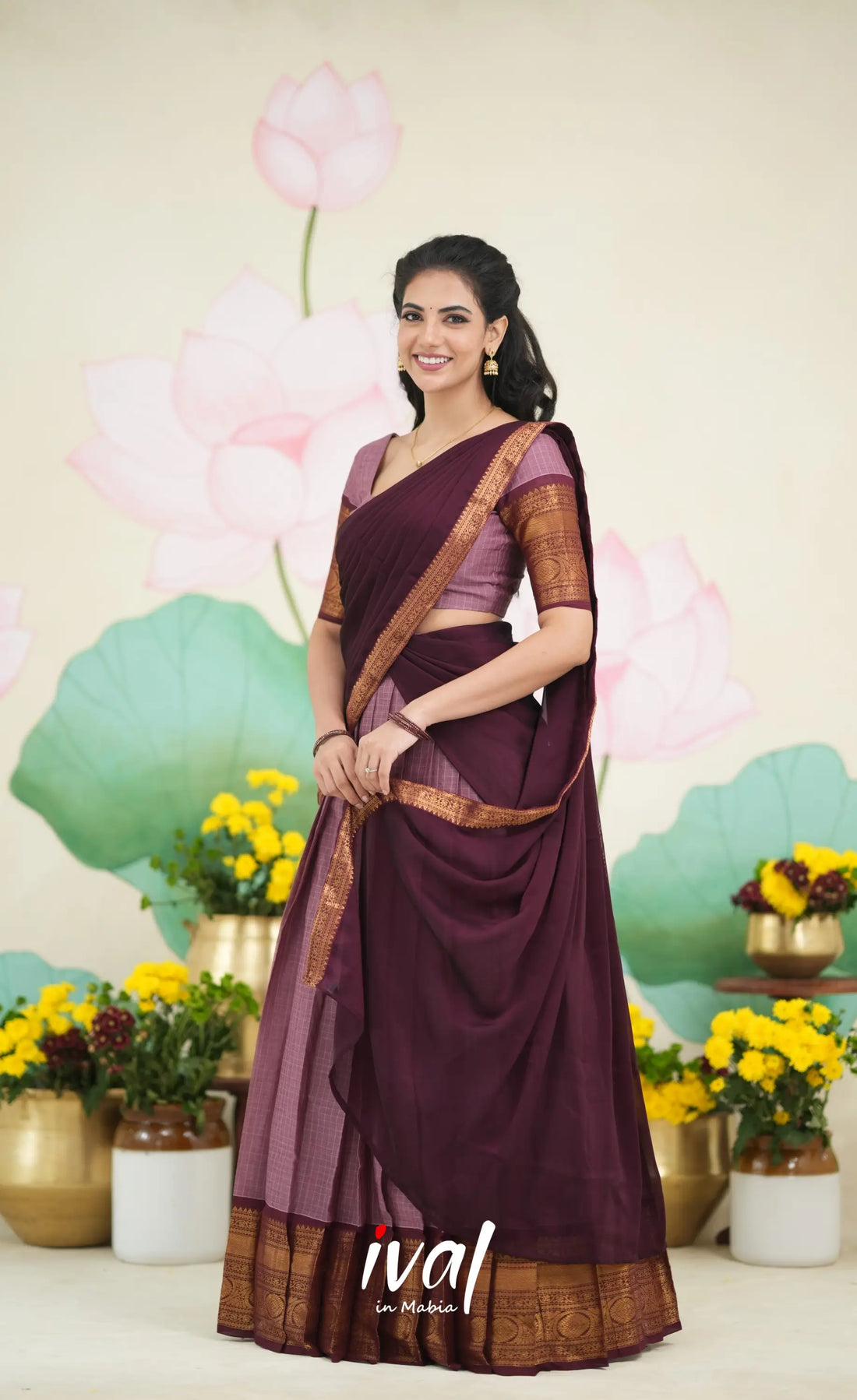 Padmaja Cotton Half Saree - Mauve and Brownish Maroon Half Sarees