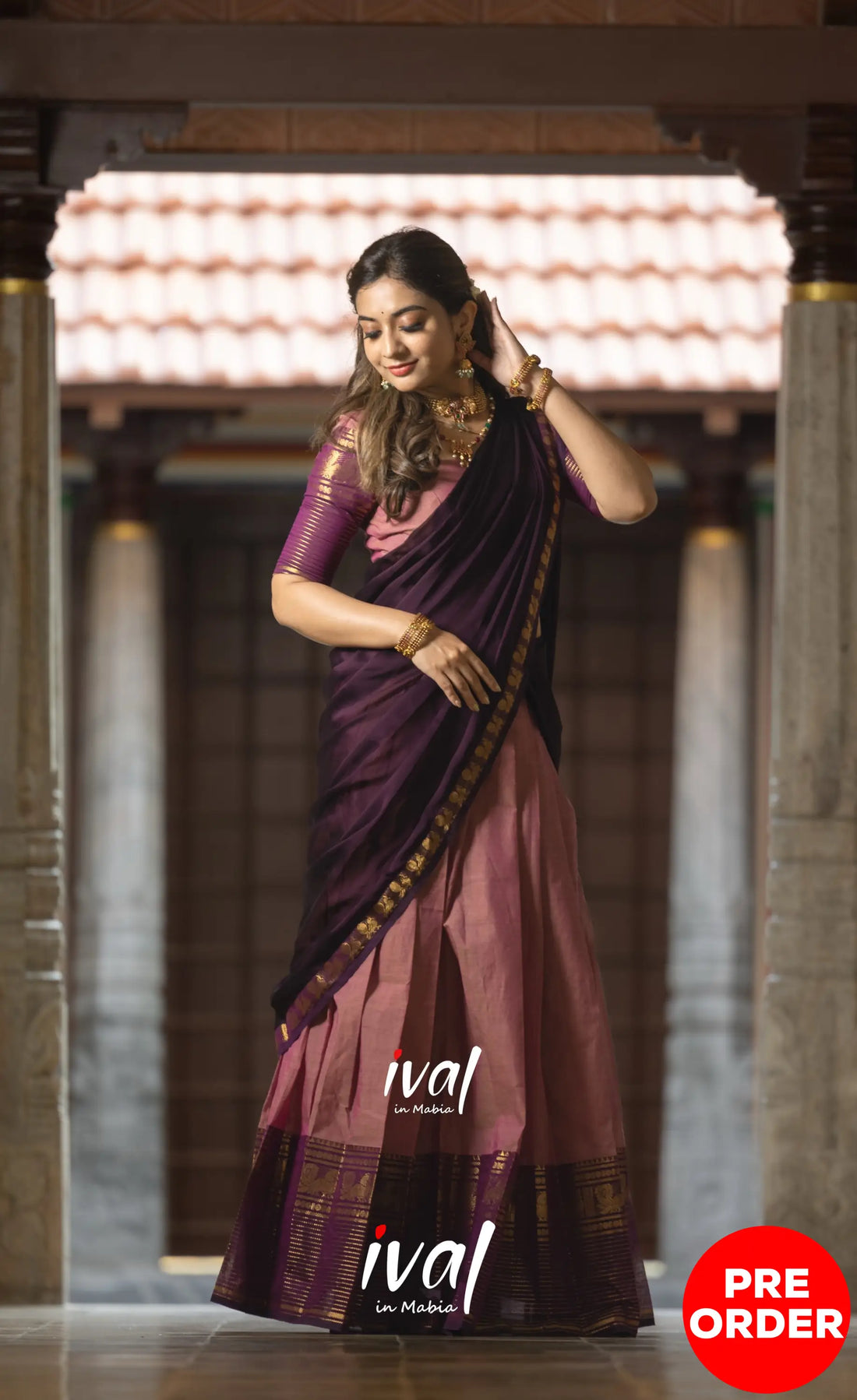 Padmaja Cotton Half Saree - Peachish Pink and Dark Plum Half Sarees
