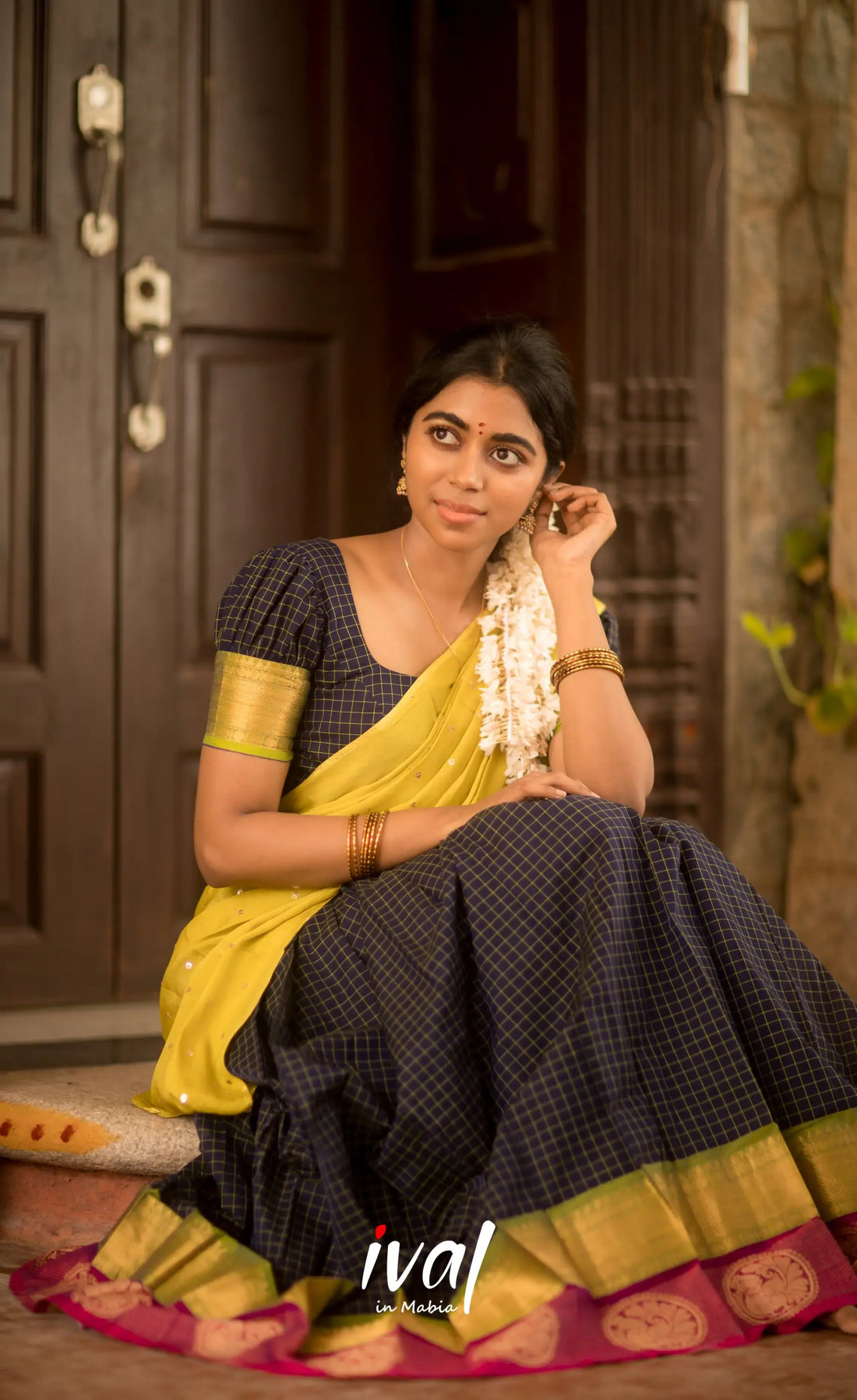 Padmaja Cotton Half Saree - Navy Blue and Neon Green Half Sarees